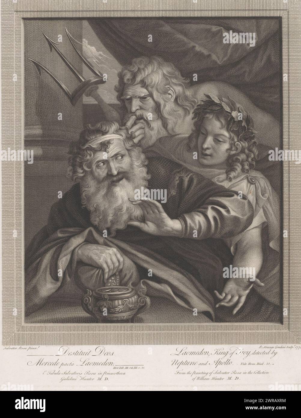 Laomedon, re di Troia, scoperto da Nettuno e Apollo, testo in latino e in inglese a margine inferiore., stampatore: Robert Strange, dopo aver dipinto di: Salvator Rosa, Londra, 1775, carta, incisione, incisione, altezza 445 mm x larghezza 356 mm, stampa Foto Stock