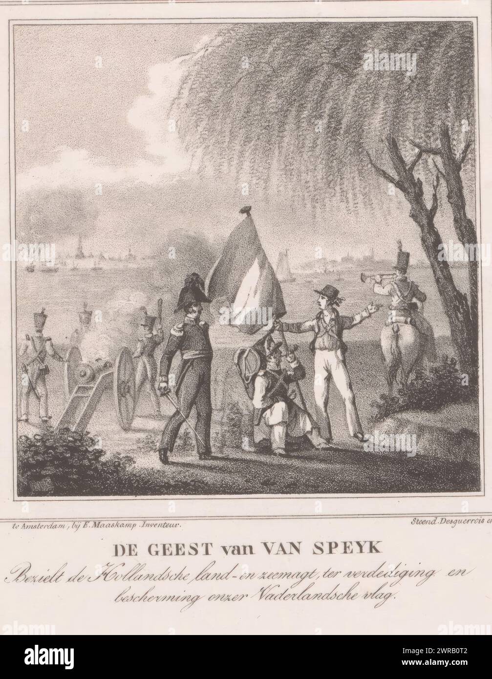 Il fantasma di Van Speyk (titolo sull'oggetto), su un campo di battaglia sotto un albero, un ufficiale e soldati si trovano vicino alla bandiera olandese. Dietro di loro viene sparato un cannone. Sotto l'immagine: "Lo spirito di Van Speyk ispira le forze terrestri e navali olandesi a difendere e proteggere la bandiera della nostra Patria.", stampatore: Anonimo, stampatore: Evert Maaskamp, stampante: Desguerrois & Co., Paesi Bassi, 1827 - 1927, carta, altezza 238 mm x larghezza 167 mm, stampa Foto Stock