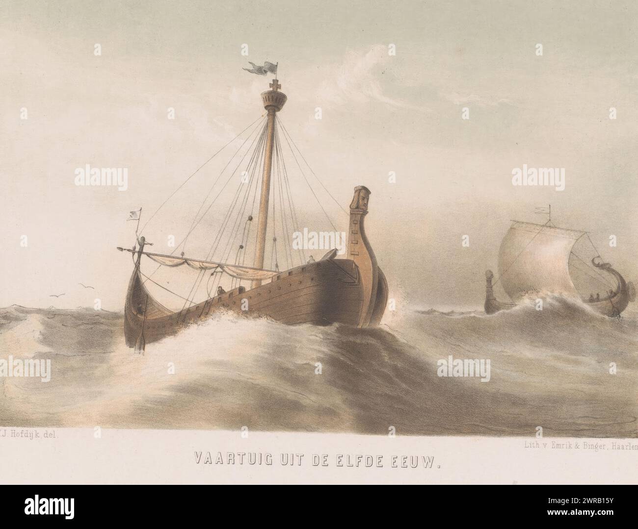 Nave, XI secolo, nave dell'XI secolo (titolo sull'oggetto), due navi in mare XI secolo., stampatore: Willem Jacob Hofdijk, stampatore: Emrik & Binger, Haarlem, 1857 - 1864, carta, altezza c. 292 mm x larghezza c. 375 mm, stampa Foto Stock