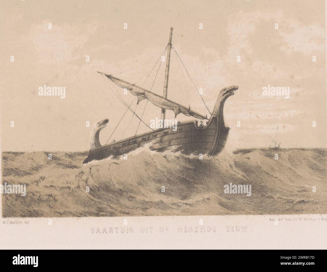 Nave, IX secolo, nave del IX secolo (titolo sull'oggetto), nave in mare, IX secolo., stampatore: Willem Jacob Hofdijk, stampatore: Koninklijke Nederlandse Steendrukkerij van C.W. Mieling, l'Aia, 1857 - 1864, carta, altezza c. 292 mm x larghezza c. 375 mm, stampa Foto Stock