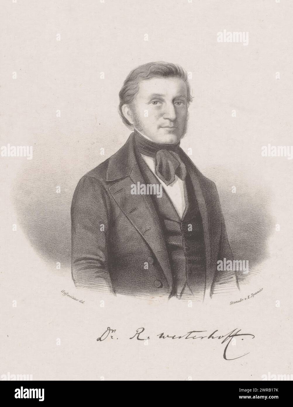 Ritratto di Rembertus Westerhoff, sotto il ritratto la firma della sitter., tipografo: Johan Hendrik Hoffmeister, tipografo: Elias Spanier, tipografo: Paesi Bassi, tipografo: L'Aia, 1843 - 1863, carta, altezza 495 mm x larghezza 330 mm, stampa Foto Stock