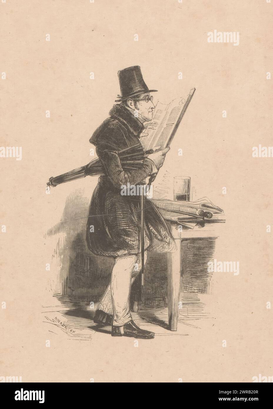Uomo con cappello e ombrello legge un giornale, stampatore: Henry Brown, su disegno di: Hendrickx, 1826 - 1870, carta, incisione in legno, altezza 264 mm x larghezza 180 mm, stampa Foto Stock