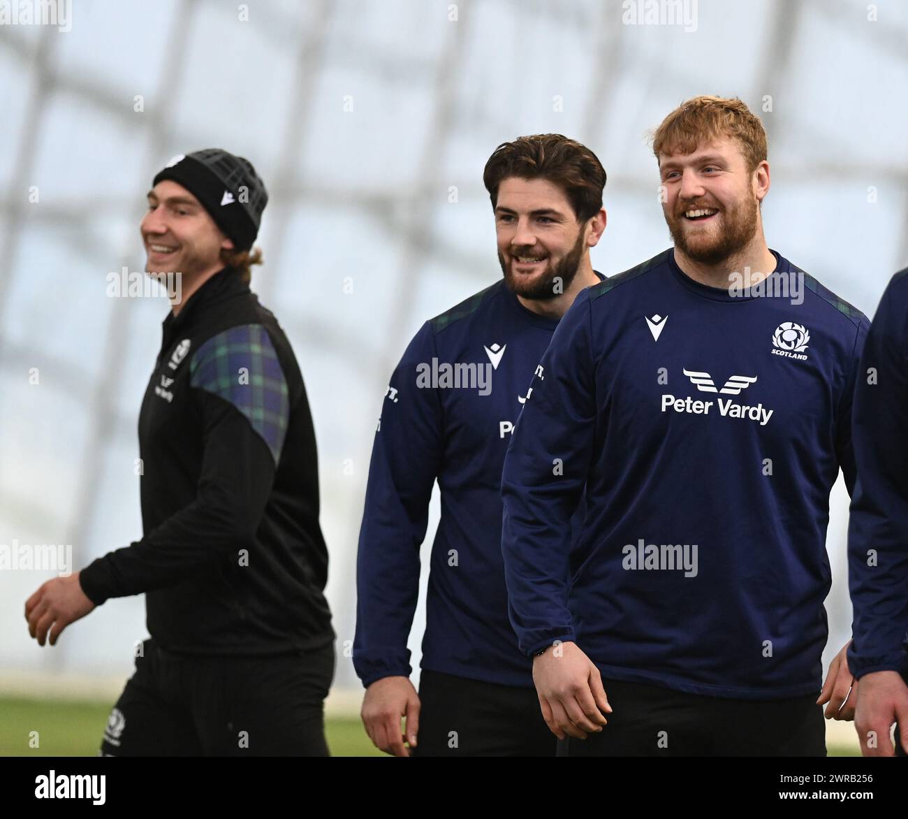 Oriam Sports Centre Edinburgh.Scotland.UK. 11 marzo 24 accesso alla sessione di allenamento della squadra di rugby scozzese, per la partita in trasferta contro Irlanda Jamie Ritchie of Scotland con Glasgow Warriors, Ally Miller e Max Williamson in ritardo nella convocazione della squadra. Crediti: eric mccowat/Alamy Live News Foto Stock