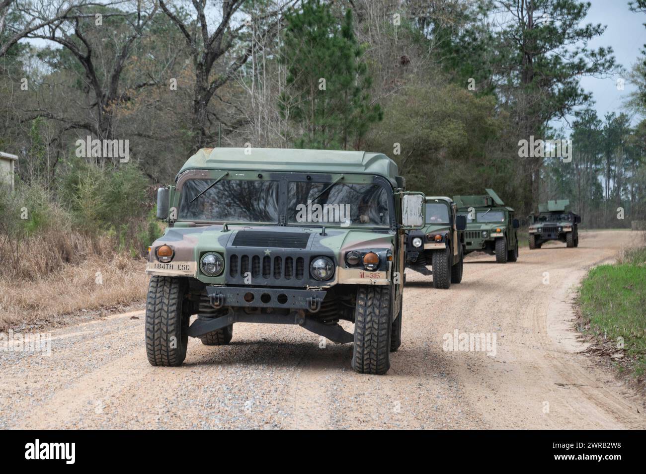 Gli Humvees trasportano le guardie costiere dalla Port Security Unit 308 e gli avieri degli Stati Uniti dal 177th Security Forces Squadron, 177th Fighter Wing, New Jersey Air National Guard, mentre conducono un addestramento di sicurezza smontato durante il Southern Strike 2024 al Camp Shelby Joint Forces Training Center, Mississippi, 8 marzo 2024. Southern Strike si concentra sul rafforzamento delle partnership militari congiunte per migliorare le operazioni collaborative di risposta alle emergenze. (Foto della Marina degli Stati Uniti di Derek Harkins, specialista della comunicazione di massa di 1a classe/rilasciata) Foto Stock