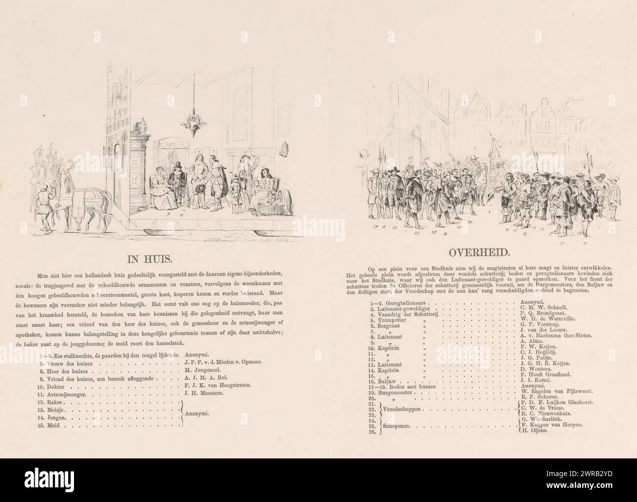 Spiegazione e leggenda della seconda e terza stampa della maschera di Utrecht nel 1856, nella casa/governo (titolo sull'oggetto), la nostra patria intorno alla metà del XVII secolo, presentata da studenti di H.H., membri di mutua Fides, in occasione del 220° anniversario della Utrechtsche Hoogeschool, 25 giugno 1856 (titolo della serie), Foglio con spiegazione e leggenda per la seconda e terza stampa di un gruppo di sette stampe con una spiegazione della sfilata storica in maschera eseguita dagli studenti dell'associazione mutua Fides dell'Università di Scienze applicate di Utrecht Foto Stock