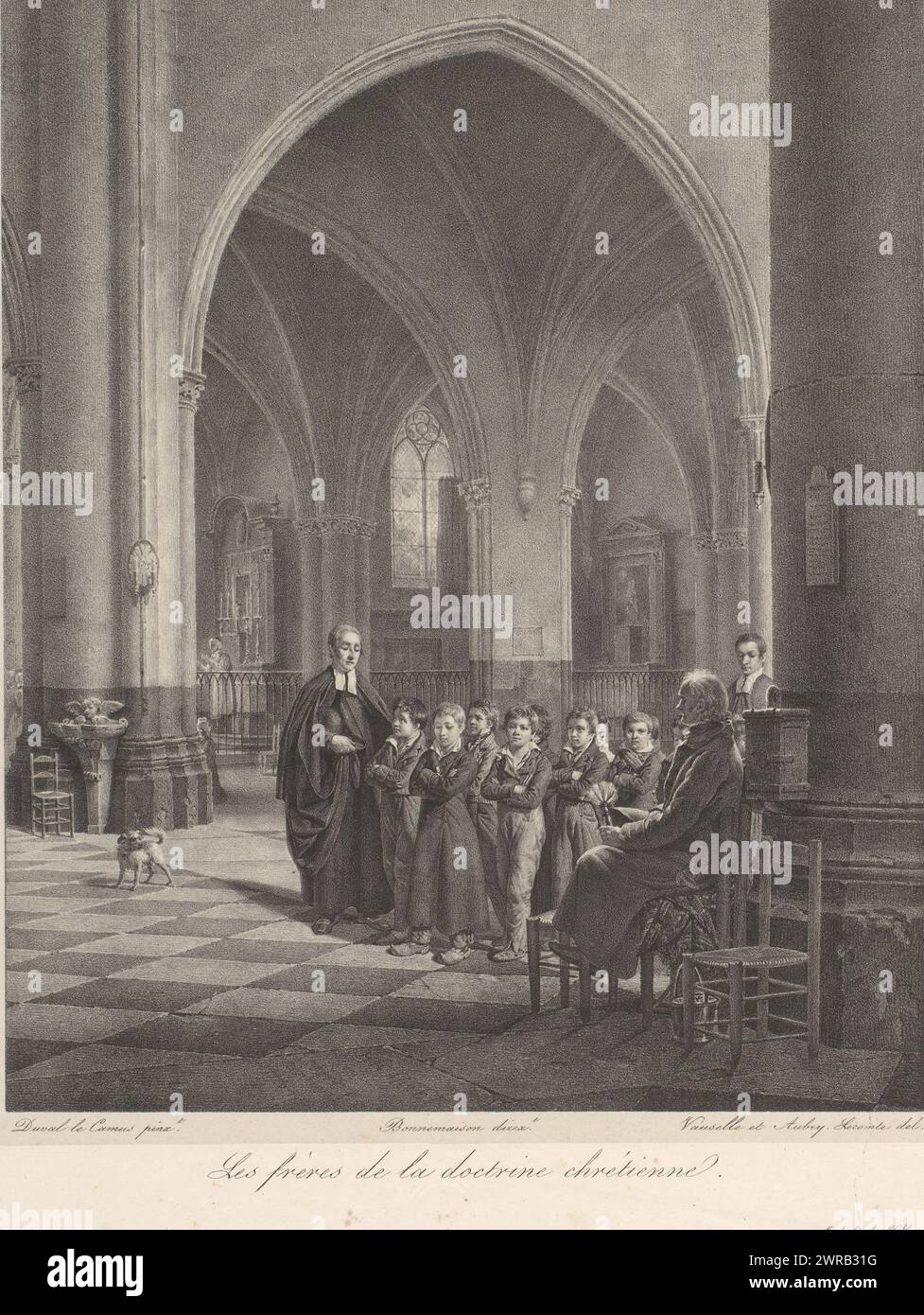 Gruppo di ragazzi in una chiesa, Les frères de la doctrine chrétienne (titolo sull'oggetto), tipografo: Jean Lubin Vauzelle, tipografo: Hyacinthe Louis Victor Jean Baptiste Aubry-Lecomte, dopo la pittura di: Duval le Camus, Parigi, 1818 - 1826, carta, altezza 548 mm x larghezza 365 mm, stampa Foto Stock