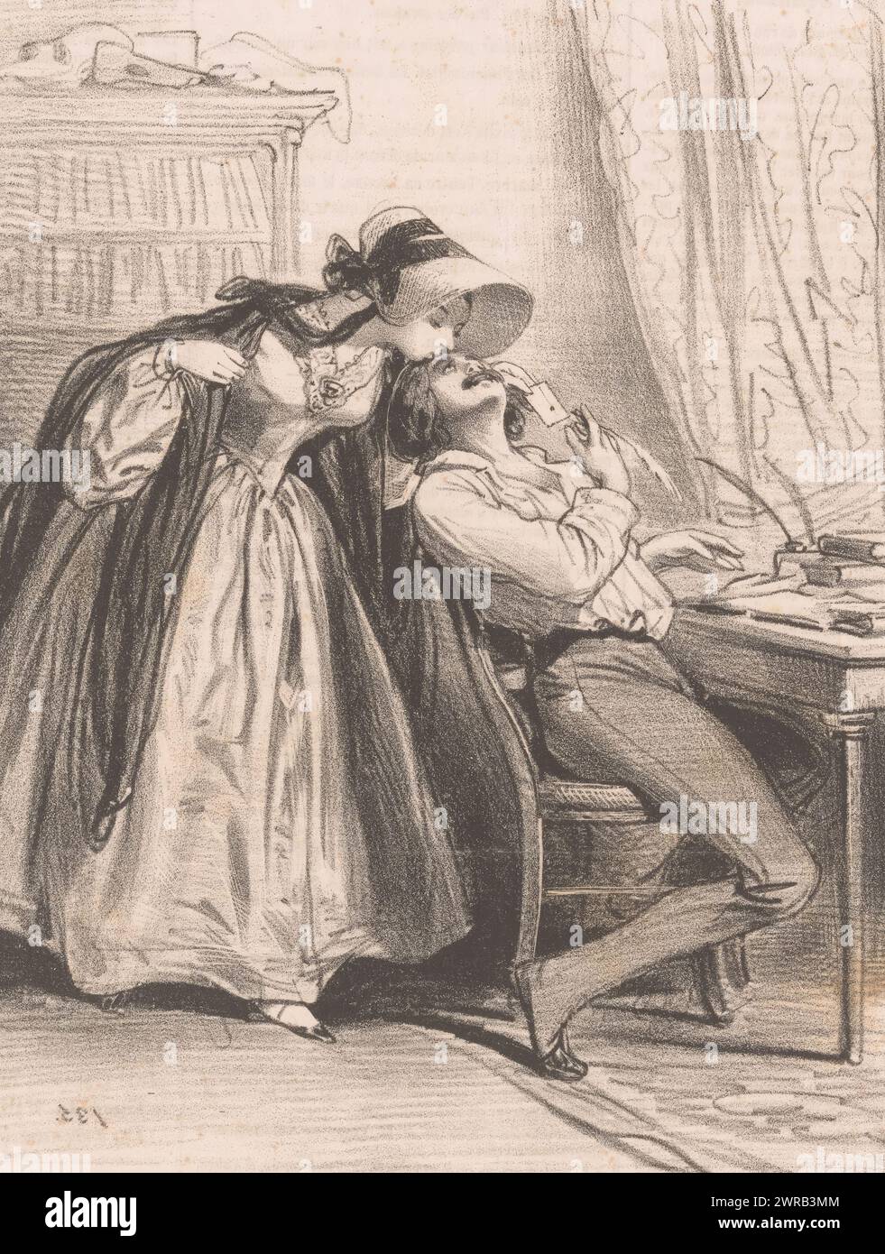 Donna passa una lettera a suo marito, Ton concierge m'a remis ce billet (...) (Titolo sull'oggetto), lettere (titolo della serie), la boîte aux lettres (titolo della serie sull'oggetto), la lettera è del custode ed è destinata alle donne., stampatore: Paul Gavarni, stampatore: Aubert & Cie, editore: Aubert & Cie, Parigi, 1838, carta, altezza 358 mm x larghezza 244 mm, stampa Foto Stock