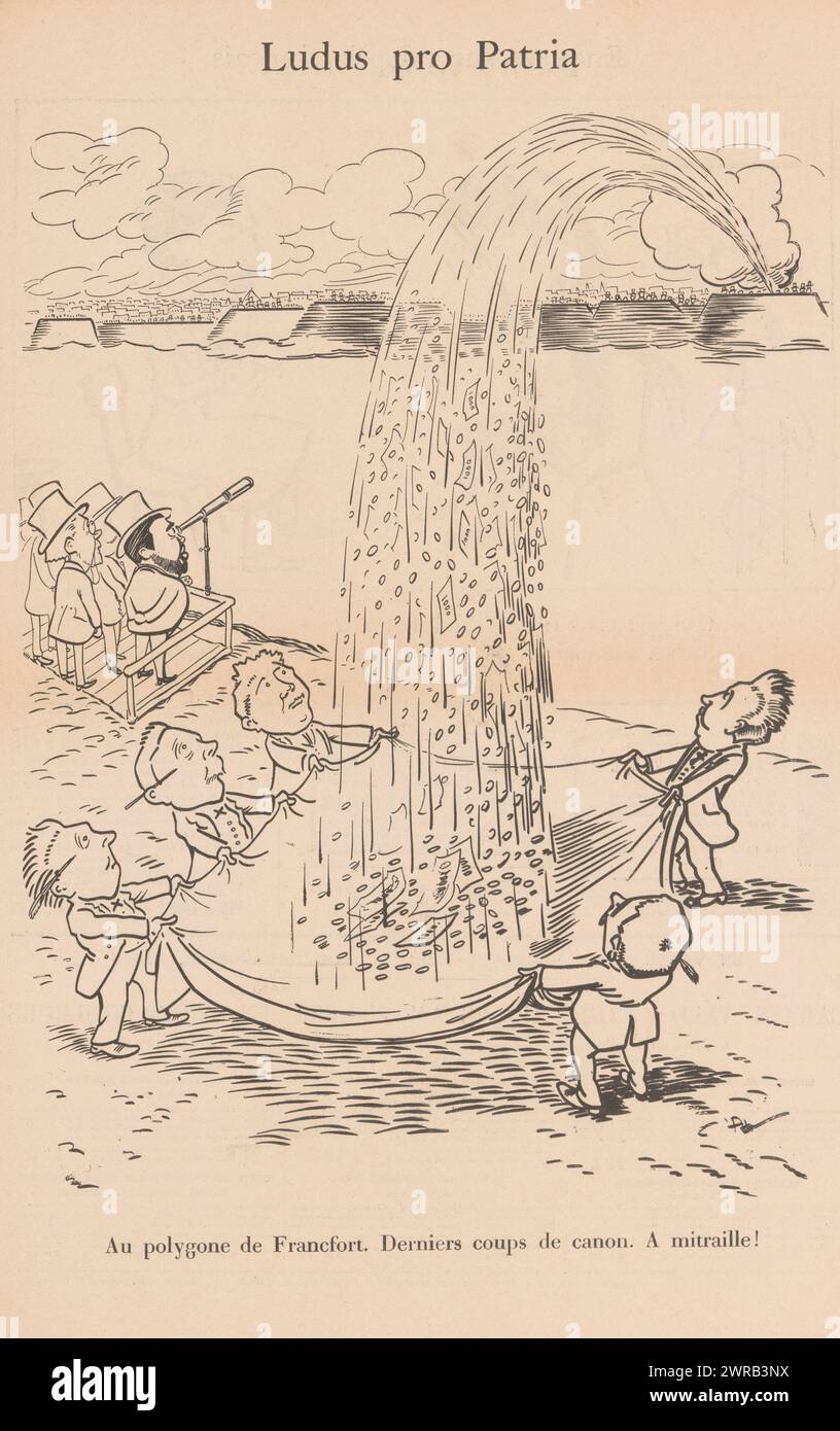 Caricatura dei francesi che ricevono denaro da Francoforte sul Reno, Ludus pro Patria. Au polygone de Francfort (...) (Titolo sull'oggetto), la stampa fa parte di un foglio pieghevole., stampatore: Caran d'Ache, editore: Plon, Parigi, 1898, carta, altezza 398 mm x larghezza 282 mm, stampa Foto Stock