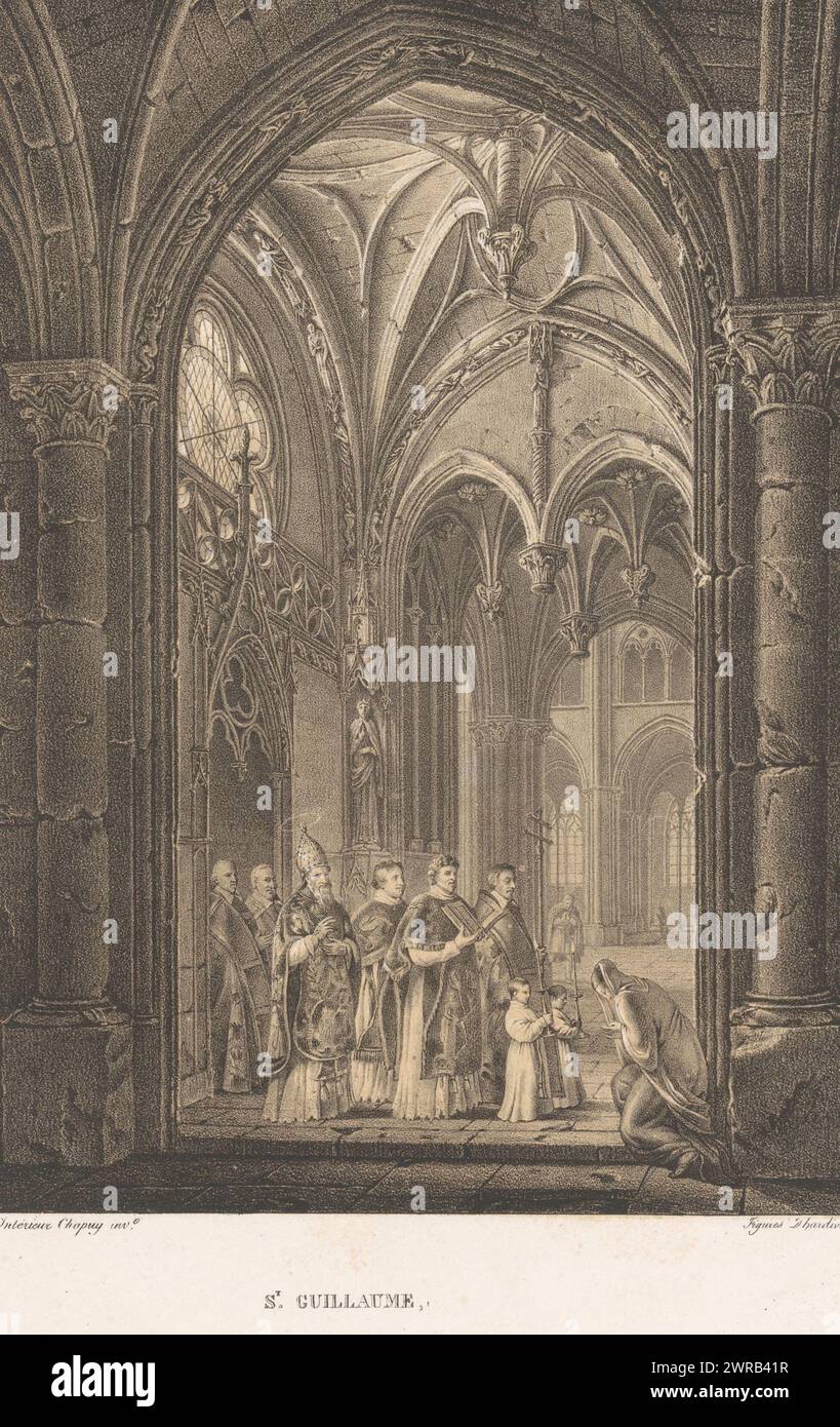 Interno della chiesa di San Guillaume a Strasburgo, St Guillaume (titolo sull'oggetto), stampatore: Nicolas Marie Joseph Chapuy, stampatore: Charles Achille d'Hardiviller, Parigi, 1821 - 1835, carta, altezza 359 mm x larghezza 271 mm, stampa Foto Stock