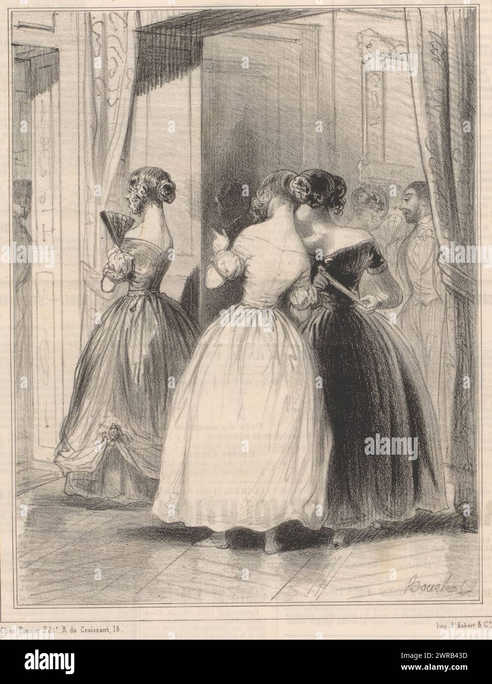Due giovani donne pettegolezzi sul vestito di una terza donna, voi donc! TRÈS certainement cette robe est bien celle que je portais à ta dernière soirée (...) (Titolo sull'oggetto), Little Mysteries of Paris (titolo della serie), Les petits mystères de Paris (titolo della serie sull'oggetto), Una giovane donna punta sull'abito da sera di un'altra donna e dice alla sua amica che indossava lo stesso vestito alla sua ultima soirée. In seguito ha dato questo vestito alla sua cameriera perché era fuori moda., stampatore: Frédéric Bouchot, stampatore: Aubert & Cie., editore: Pannier & Cie ., Parigi, 1843 - 1844, carta Foto Stock