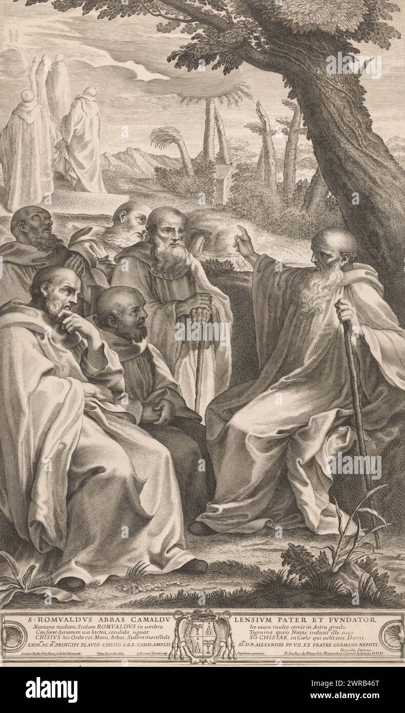 Romualdus di Ravenna con i suoi seguaci, S. Romualdus abbas Camaldulensium pater et fundator (titolo sull'oggetto), stamperia: Jean Baron, dopo la pittura di: Andrea Sacchi, dopo il disegno di: Pietro Locatelli, Roma, in o dopo il 1655, carta, incisione, incisione, incisione, altezza 502 mm x larghezza 309 mm, stampa Foto Stock