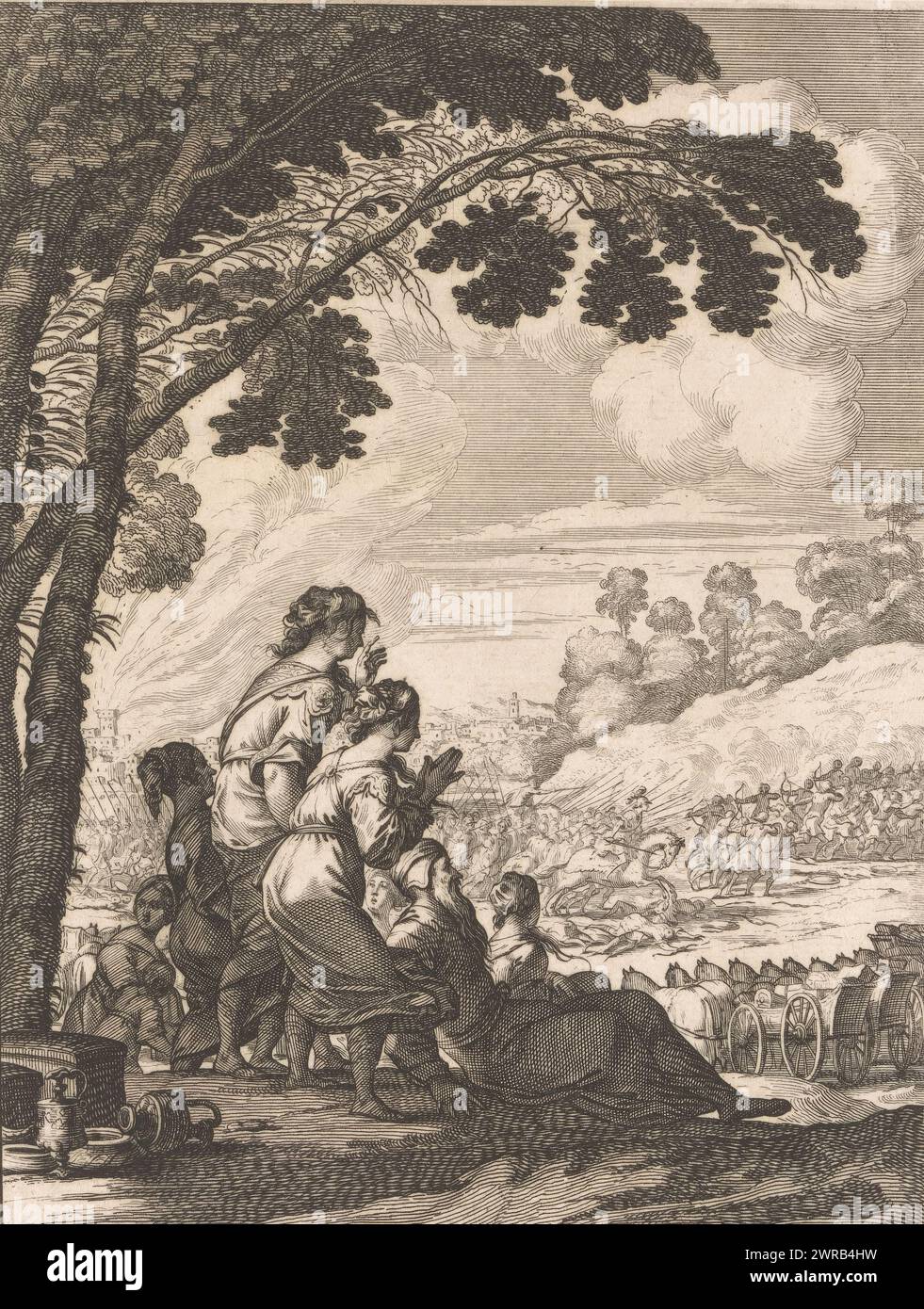 Un gruppo di donne e un vecchio guardano la battaglia tra Palamède e i suoi nemici, tipografo: Abraham Bosse, su disegno di: Claude Vignon, editore: Matthieu Guillemot (III), 1639, carta, incisione, incisione, altezza 195 mm x larghezza 147 mm, stampa Foto Stock