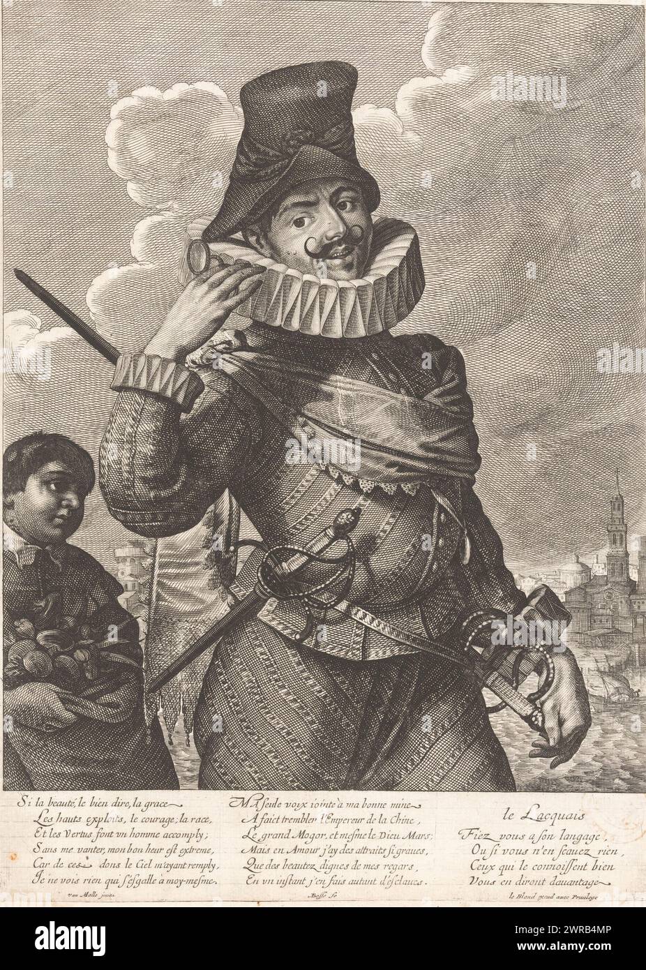 Caricatura di un uomo spagnolo con un footman, stamperia: Abraham Bosse, su disegno di: Peter van mol, editore: Jean Lebond (i), 1635, carta, incisione, incisione, altezza 356 mm x larghezza 256 mm, stampa Foto Stock