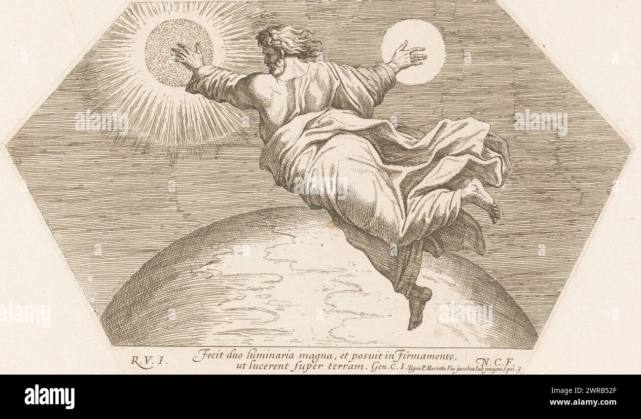Dio crea il sole e la luna, Bibbia Raffaello (titolo della serie), Sacrae Historiae Acta a Raphael Urbin in Vaticanis xystis ad picturae miraculum Expressa (titolo della serie), stampatore: Nicolas Chaperon, dopo aver dipinto di: Rafaël, editore: Pierre Mariette (i), stampatore: Francia, dopo aver dipinto di: Città del Vaticano, editore: Parigi, 1649, carta, incisione, altezza 193 mm x larghezza 323 mm, stampa Foto Stock