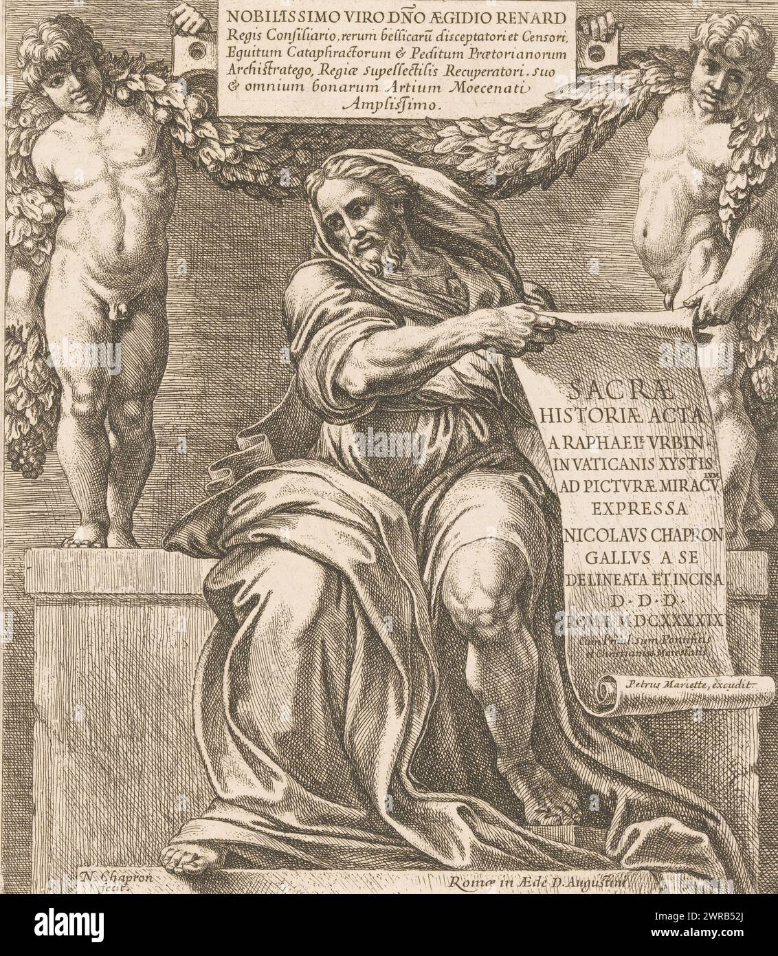 Stampa del titolo con il profeta Isaia con rotolo di carta e due putti, Bibbia di Raffaello (titolo della serie), Sacrae Historiae Acta a Raphael Urbin in Vaticanis xystis ad picturae miraculum Expressa (titolo della serie su oggetto), stampatore: Nicolas Chaperon, dopo disegno di: Nicolas Chaperon, dopo pittura di: Rafaël, stampatore: Francia, dopo la pittura di: Roma, editore: Francia, Francia, 1649, carta, incisione, altezza 250 mm x larghezza 220 mm, stampa Foto Stock