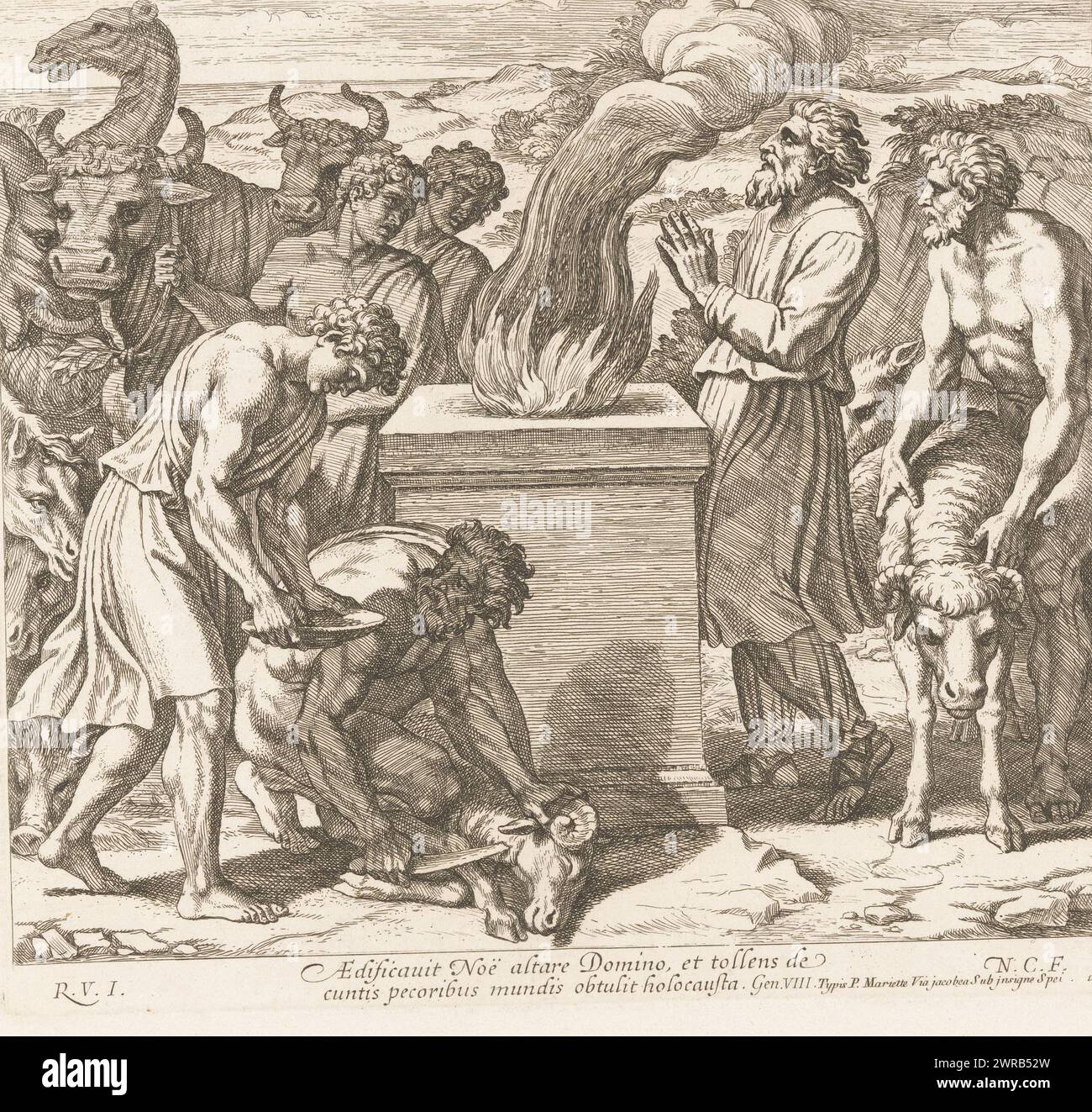 Sacrifice of Noah, Raphael Bible (titolo della collana), Sacrae Historiae Acta a Raphael Urbin in Vaticanis xystis ad picturae miraculum expressa (titolo della collana), tipografo: Nicolas Chaperon, dopo la pittura di: Rafaël, editore: Pierre Mariette (i), stamperia: Francia, dopo la pittura di: Città del Vaticano, editore: Parigi, 1649, carta, incisione, altezza 240 mm x larghezza 258 mm, stampa Foto Stock