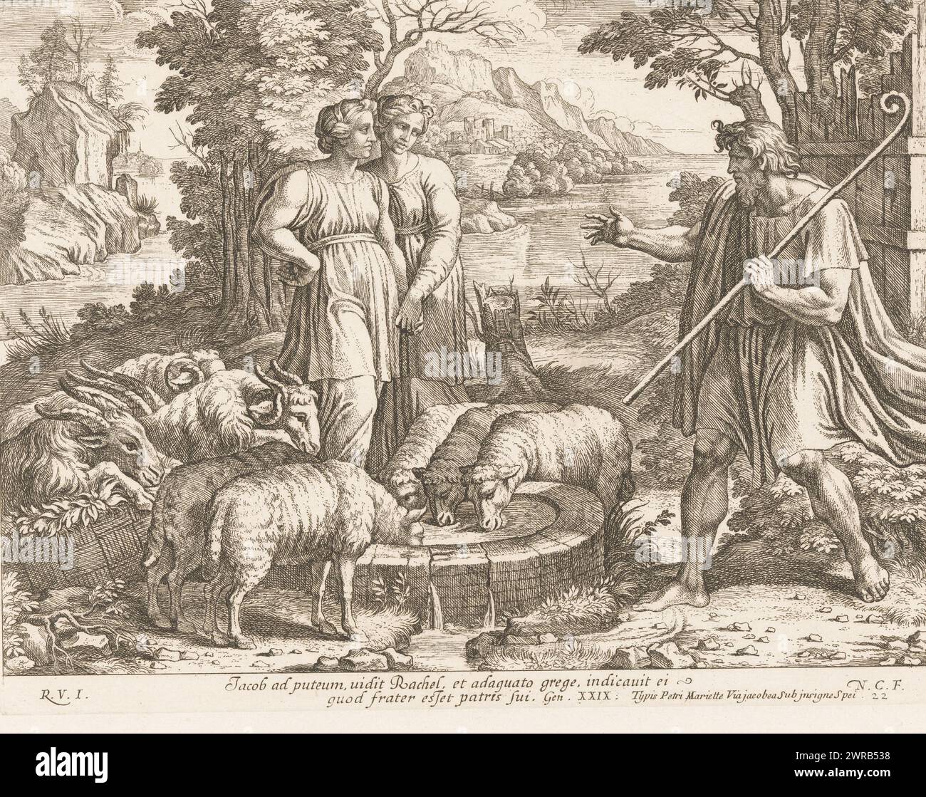 Jacob and Rachel at the Well, Raphael Bible (titolo della serie), Sacrae Historiae Acta a Raphael Urbin in Vaticanis xystis ad picturae miraculum Expressa (titolo della serie), print maker: Nicolas Chaperon, dopo la pittura di: Rafaël, editore: Pierre Mariette (i), print maker: Francia, dopo la pittura di: Città del Vaticano, editore: Parigi, 1649, paper, incisione, altezza 228 mm x larghezza 297 mm, stampa Foto Stock