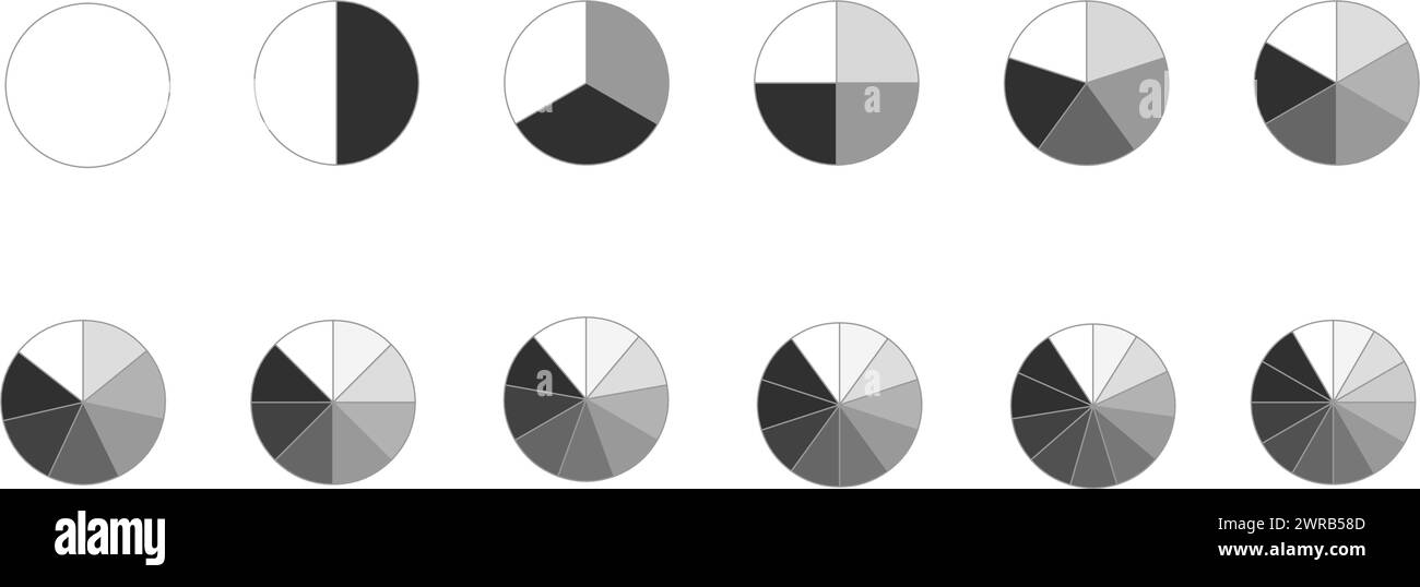 Il cerchio si divide in sezioni da 1 a 12. Modelli di grafico a torta o a ciambella. Forme arrotondate tagliate in parti uguali. Serie di diagrammi ruota segmentati isolati su sfondo bianco. Illustrazione grafica vettoriale. Illustrazione Vettoriale