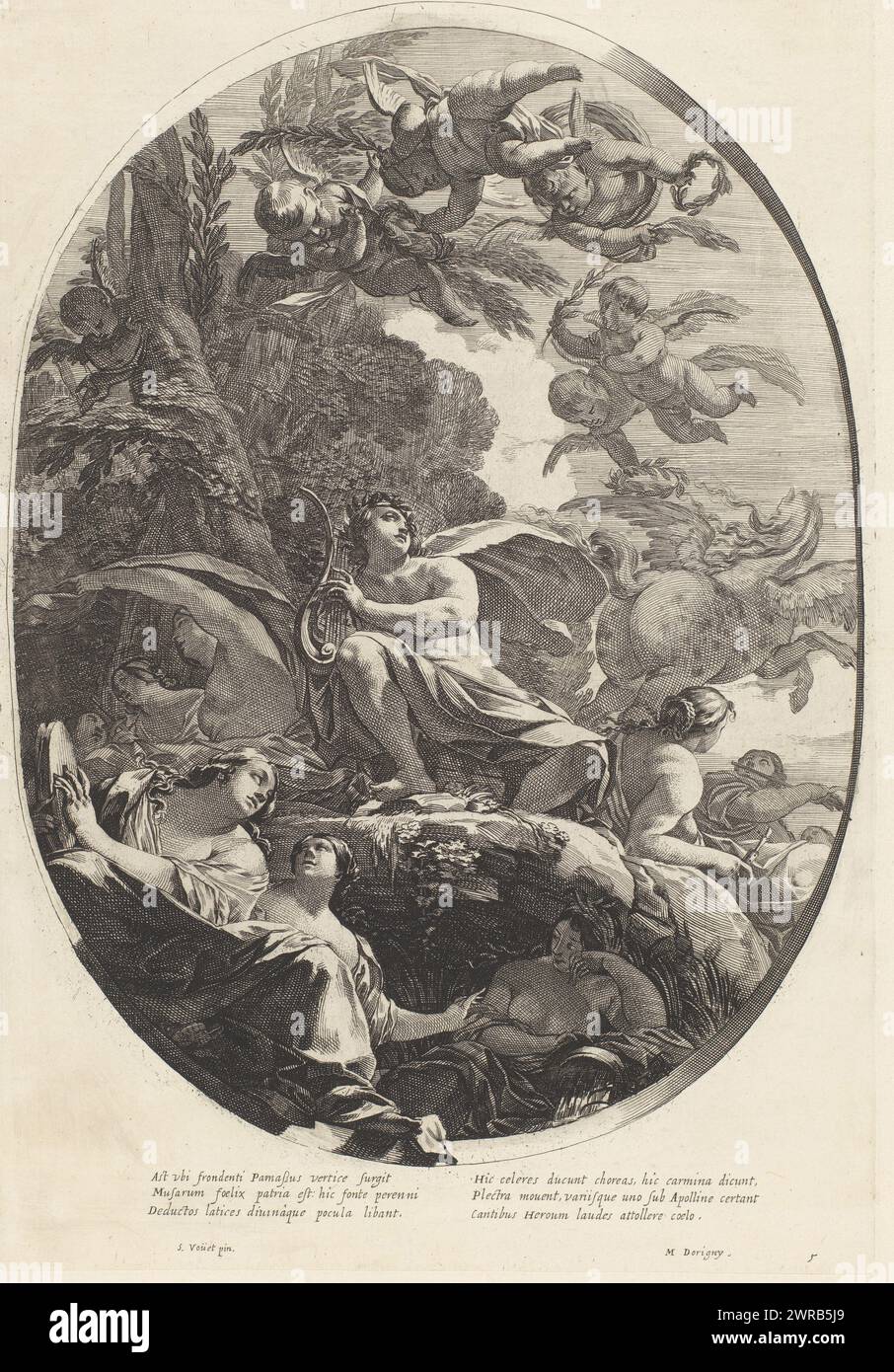 Apollo con lira su Parnaso, serie dopo dipinti di Vouet per la biblioteca del Hôtel Séguier (titolo della serie), tipografo: Michel Dorigny, dopo pittura di: Simon Vouet, Lodewijk XIII (koning van Frankrijk), Francia, 1640, carta, incisione, incisione, altezza 431 mm x larghezza 294 mm, stampa Foto Stock