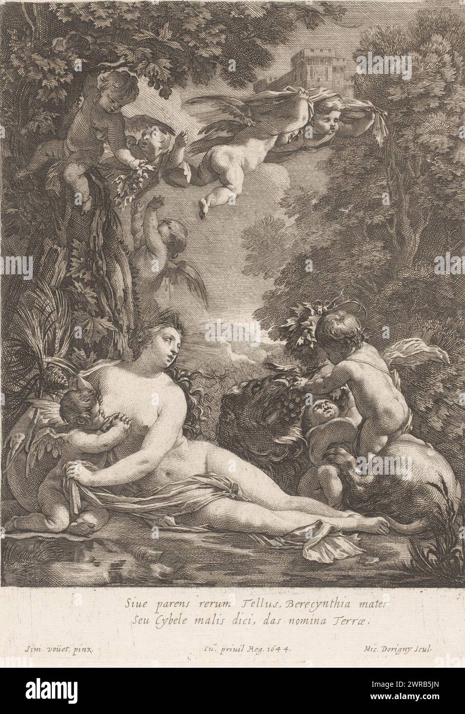 Cerere circondato da putti e simboli della fertilità, serie di stampe dopo i dipinti di Fontainebleau (titolo sull'oggetto), numerato in basso a destra: 5., stampatore: Michel Dorigny, dopo aver dipinto: Simon Vouet, Lodewijk XIV (koning van Frankrijk), Francia, 1644, carta, incisione, incisione, altezza 288 mm x larghezza 209 mm, stampa Foto Stock