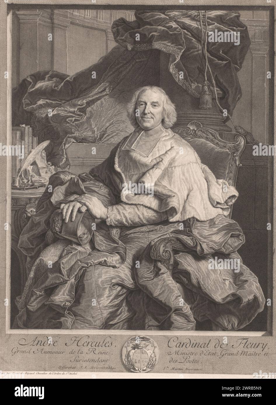 Ritratto di André-Hercule de Fleury, André Hercules, Cardinal de Fleury (titolo sull'oggetto), tipografo: Pierre Drevet, dopo pittura di: Hyacinthe Rigaud, J.S. Brissart, Francia, 1730, carta, incisione, altezza 515 mm x larghezza 388 mm, stampa Foto Stock