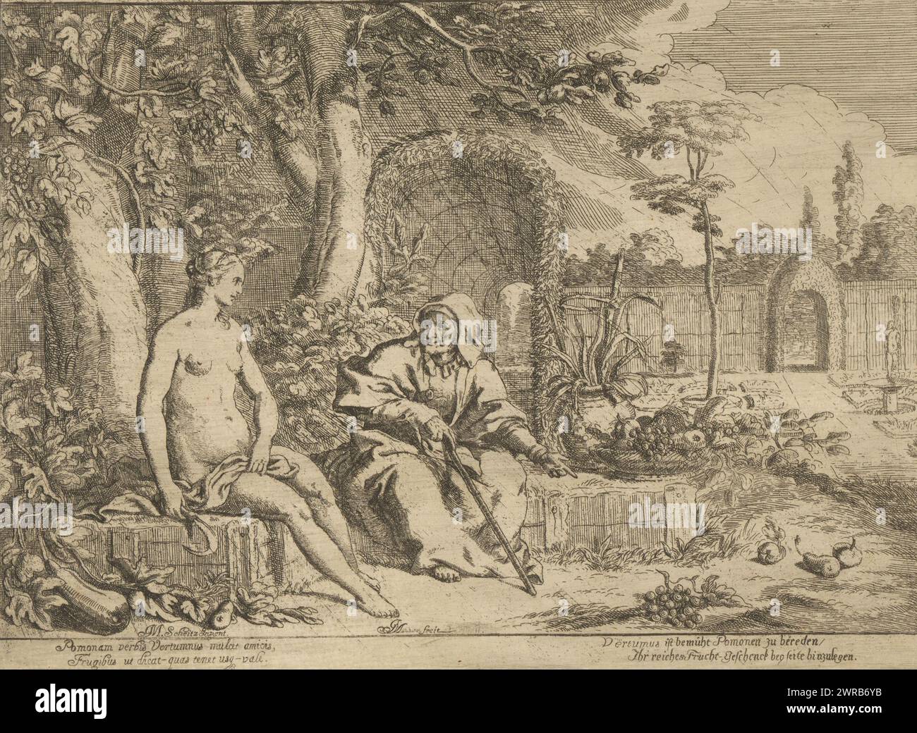 Vertumnus e Pomona, stampatore: Matthias Scheits, After Own design di: Matthias Scheits, 1635 - 1700, carta, incisione, altezza 210 mm x larghezza 288 mm, stampa Foto Stock