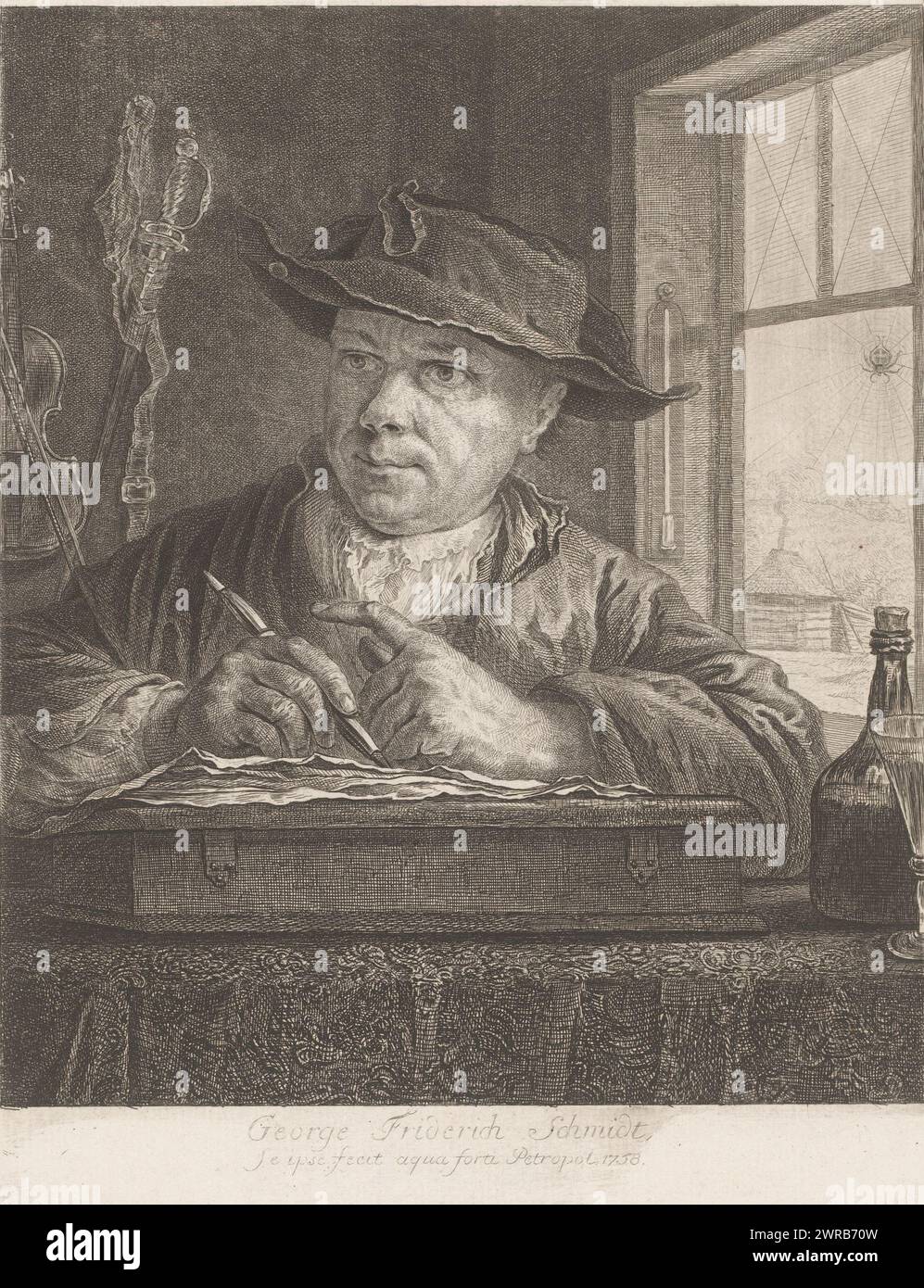 Autoritratto di Georg Friedrich Schmidt, stampatore: Georg Friedrich Schmidt, Sint-Petersburg, 1758, carta, incisione, altezza 233 mm x larghezza 177 mm, stampa Foto Stock