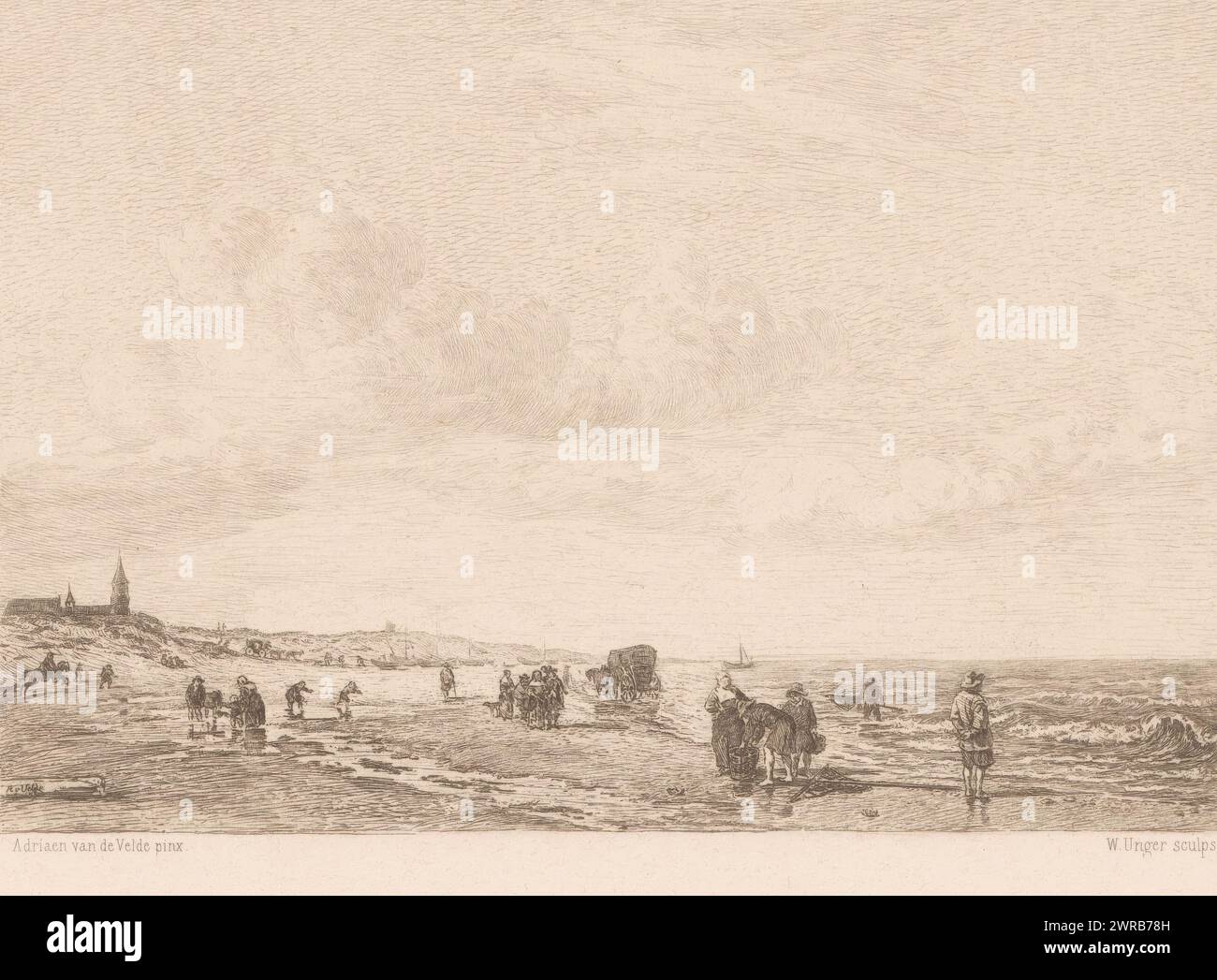 Vista della spiaggia di Scheveningen, stampatore: William Unger, dopo aver dipinto: Adriaen van de Velde, Germania, 1847 - 1889, carta, incisione, altezza 172 mm x larghezza 254 mm, stampa Foto Stock