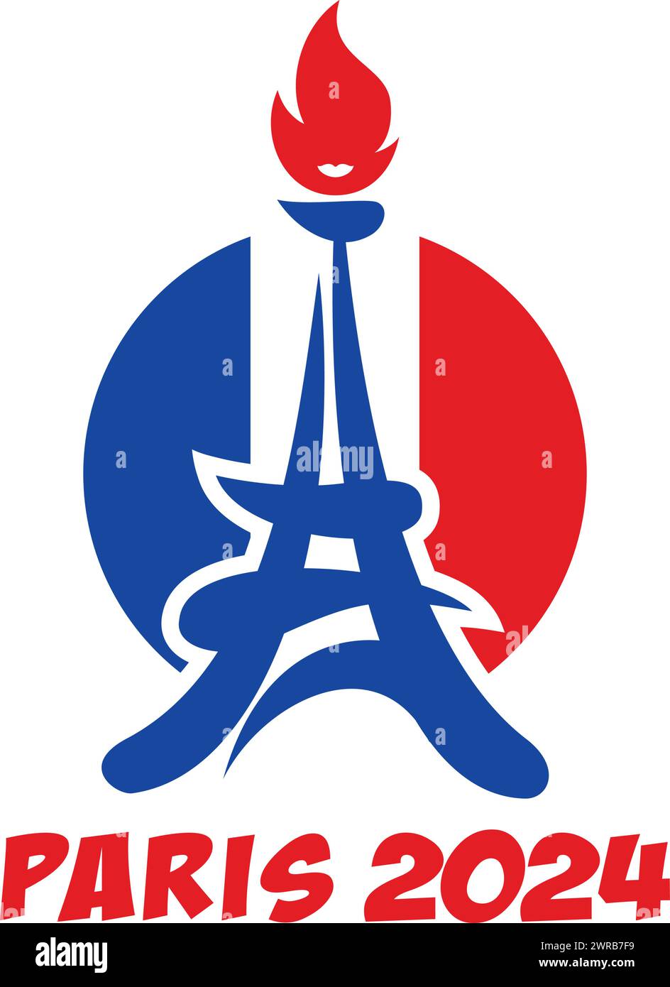 Modello 2024 dei Giochi Olimpici di Parigi. Olimpiadi in Francia. Torre Eiffel con fiamma olimpica. Vettore su sfondo trasparente Illustrazione Vettoriale