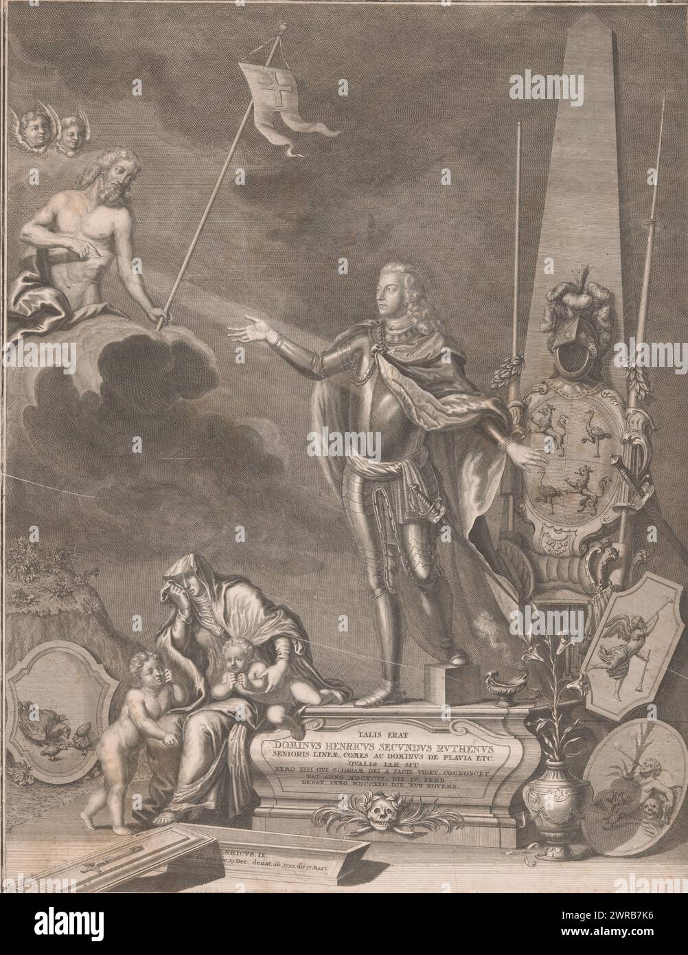 Monumento con Heinrich II von Reuß-Obergreiz, stampatore: Johann Georg Wolffgang, dopo disegno di: Heinrich Christoph Fehling, Berlino, 1724, carta, incisione, incisione, altezza 523 mm x larghezza 406 mm, stampa Foto Stock