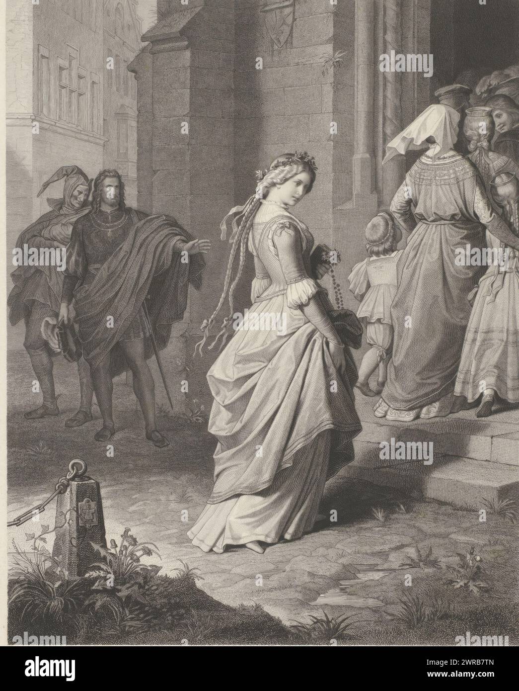Gretchen's Church going, stampatore: Eduard Mandel, dopo aver dipinto: Wilhelm von Kaulbach, 1820 - 1882, carta, incisione, incisione, incisione, altezza 383 mm x larghezza 304 mm, stampa Foto Stock