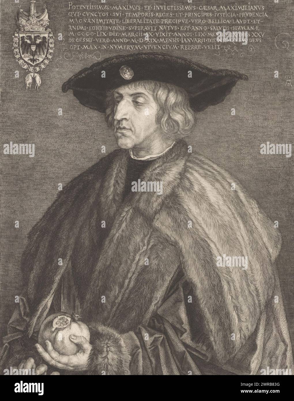 Ritratto di Massimiliano i d'Asburgo, Massimiliano i (titolo sull'oggetto), tipografo: William Unger, dopo pittura di: Albrecht Dürer, tipografo: A. Pisani, Vienna, 1861 - 1889, carta, incisione, altezza 358 mm x larghezza 279 mm, stampa Foto Stock