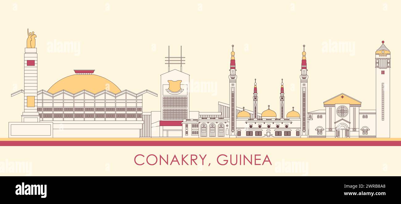 Panorama dello skyline dei cartoni animati della città di Conakry, Guinea - illustrazione vettoriale Illustrazione Vettoriale