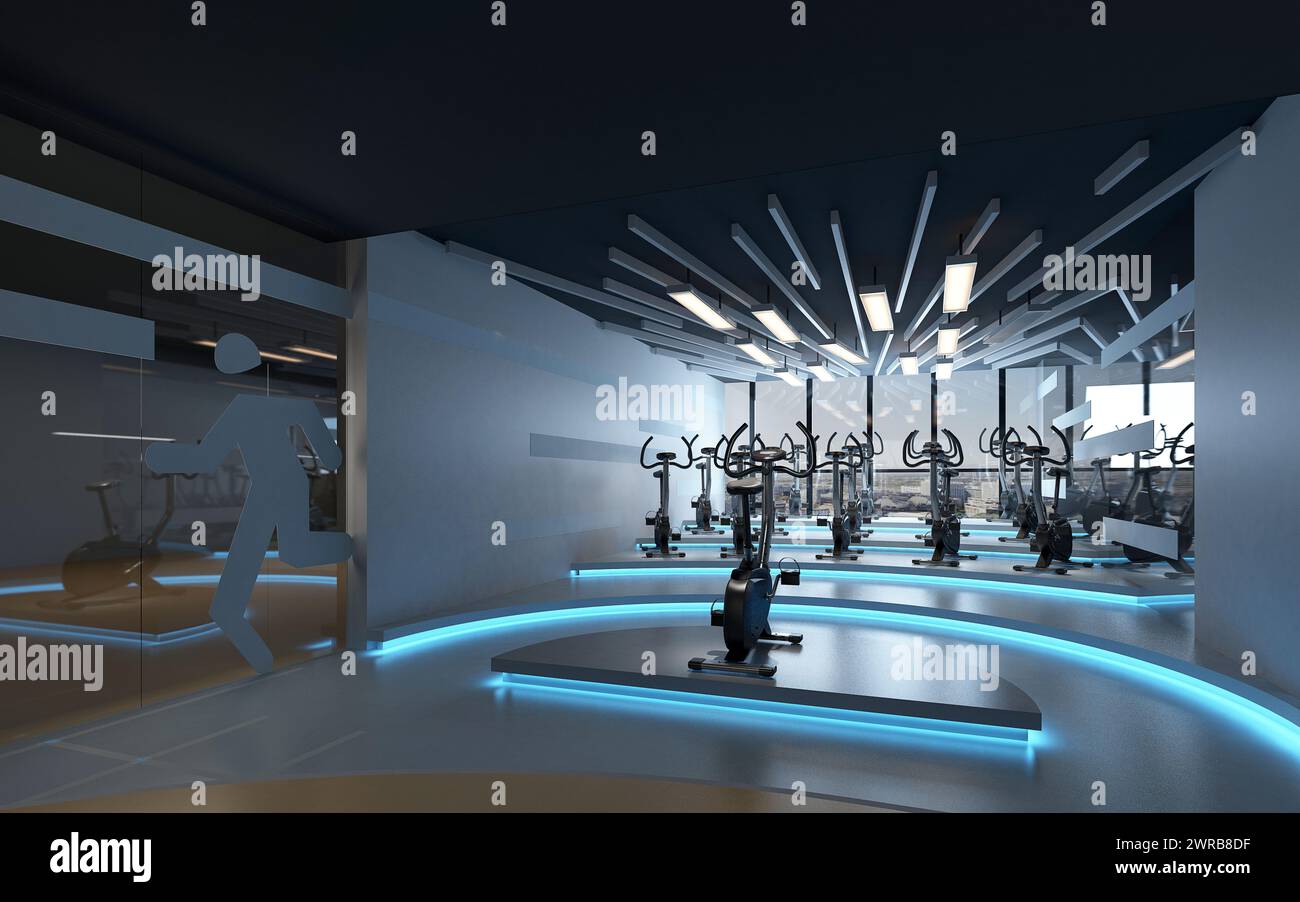 sala fitness e yoga con rendering in 3d. Foto Stock