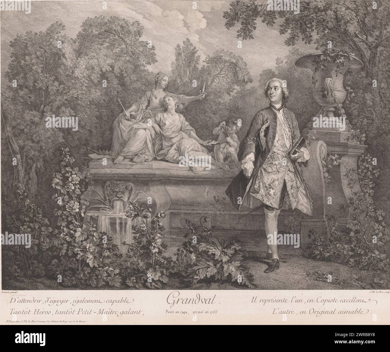 Ritratto di Charles-Francois Racot de Grandval in un giardino, Grandval (titolo sull'oggetto), tipografo: Jacques-Philippe le Bas, dopo la pittura di: Nicolas Lancret, editore: Jacques-Philippe le Bas, Parigi, 1755, carta, incisione, incisione, altezza 470 mm x larghezza 570 mm, stampa Foto Stock