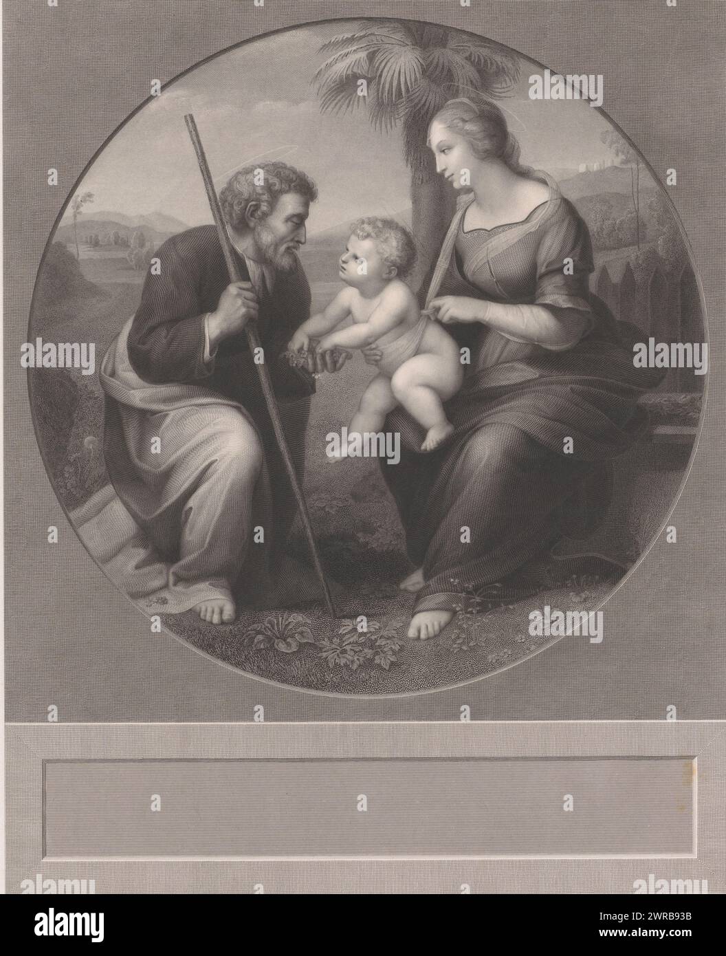Sacra famiglia vicino a una palma, tipografo: Achille Louis Martinet, su disegno personale di: Achille Louis Martinet, dopo pittura di: Rafaël, tipografo: Parigi, editore: Parigi, editore: Berlino, editore: Londra, 1844, carta, incisione in acciaio, altezza 533 mm x larghezza 421 mm, stampa Foto Stock