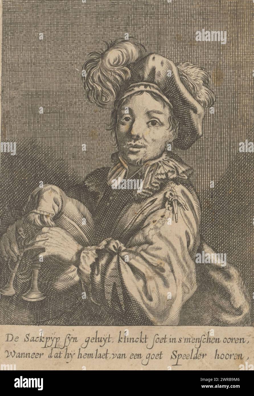 Bagpiper, con versi a due righe in olandese sotto il ritratto., stampatore: Pieter Nolpe, (possibilmente), 1623 - 1652, carta, incisione, altezza 166 mm x larghezza 115 mm, stampa Foto Stock