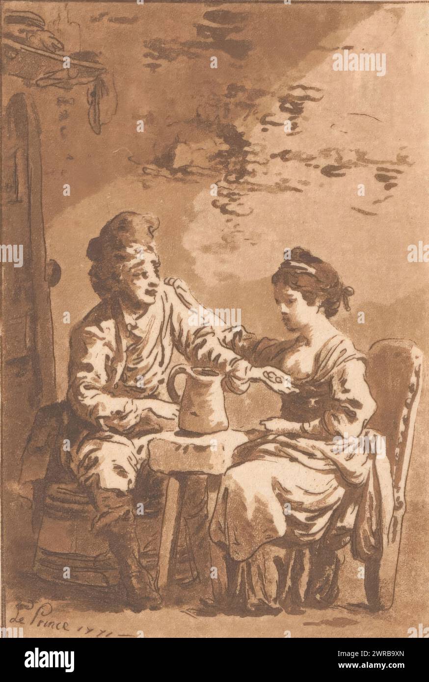 L'uomo offre denaro a una giovane donna, tipografo: Jean Baptist Leprince, 1771 anni, carta, incisione, altezza 88 mm x larghezza 59 mm, stampa Foto Stock