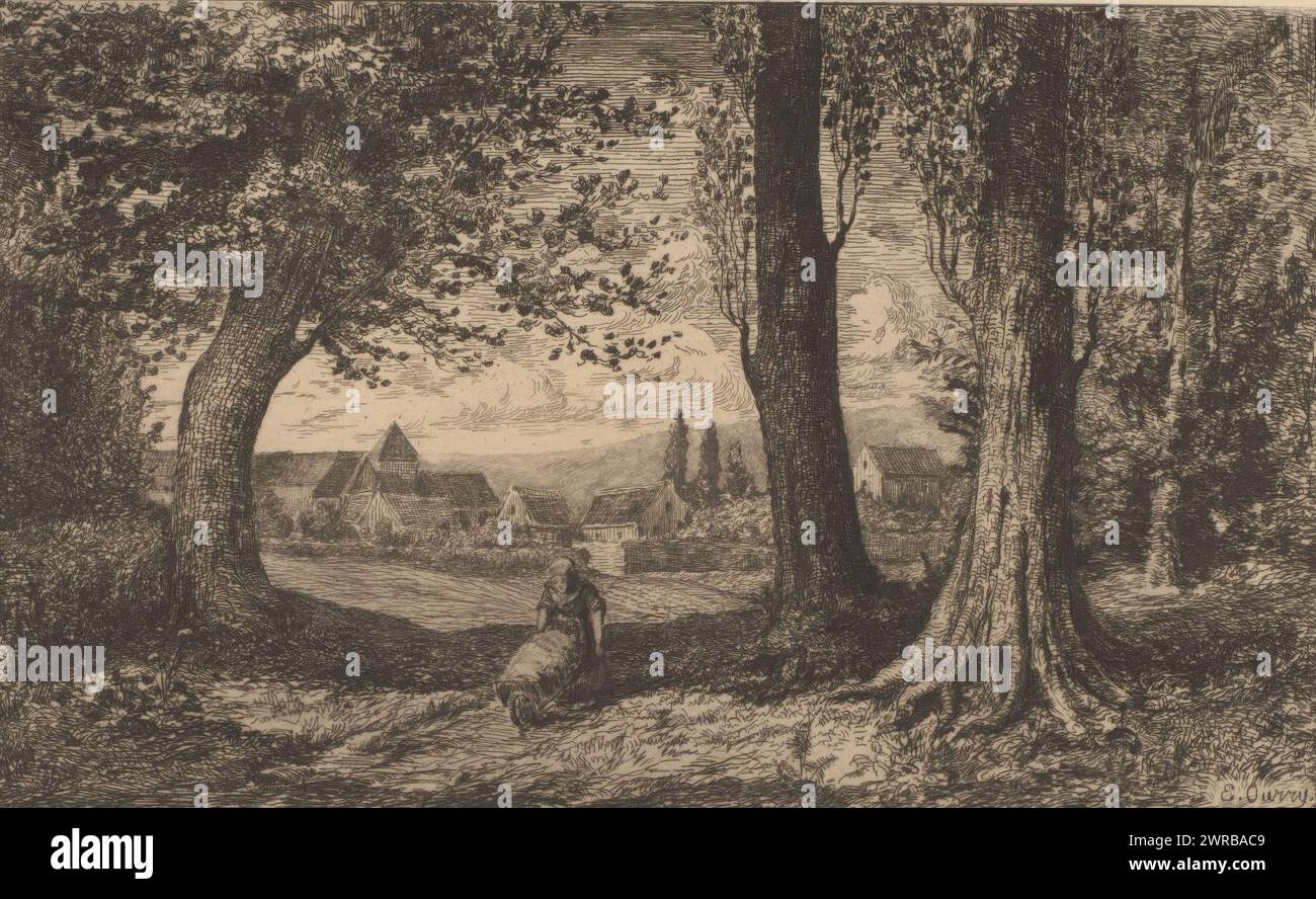 Donna con carriola su sentiero forestale, stampatrice: E. Ourry, 1800 - 1900, carta, incisione, altezza 159 mm x larghezza 239 mm, stampa Foto Stock