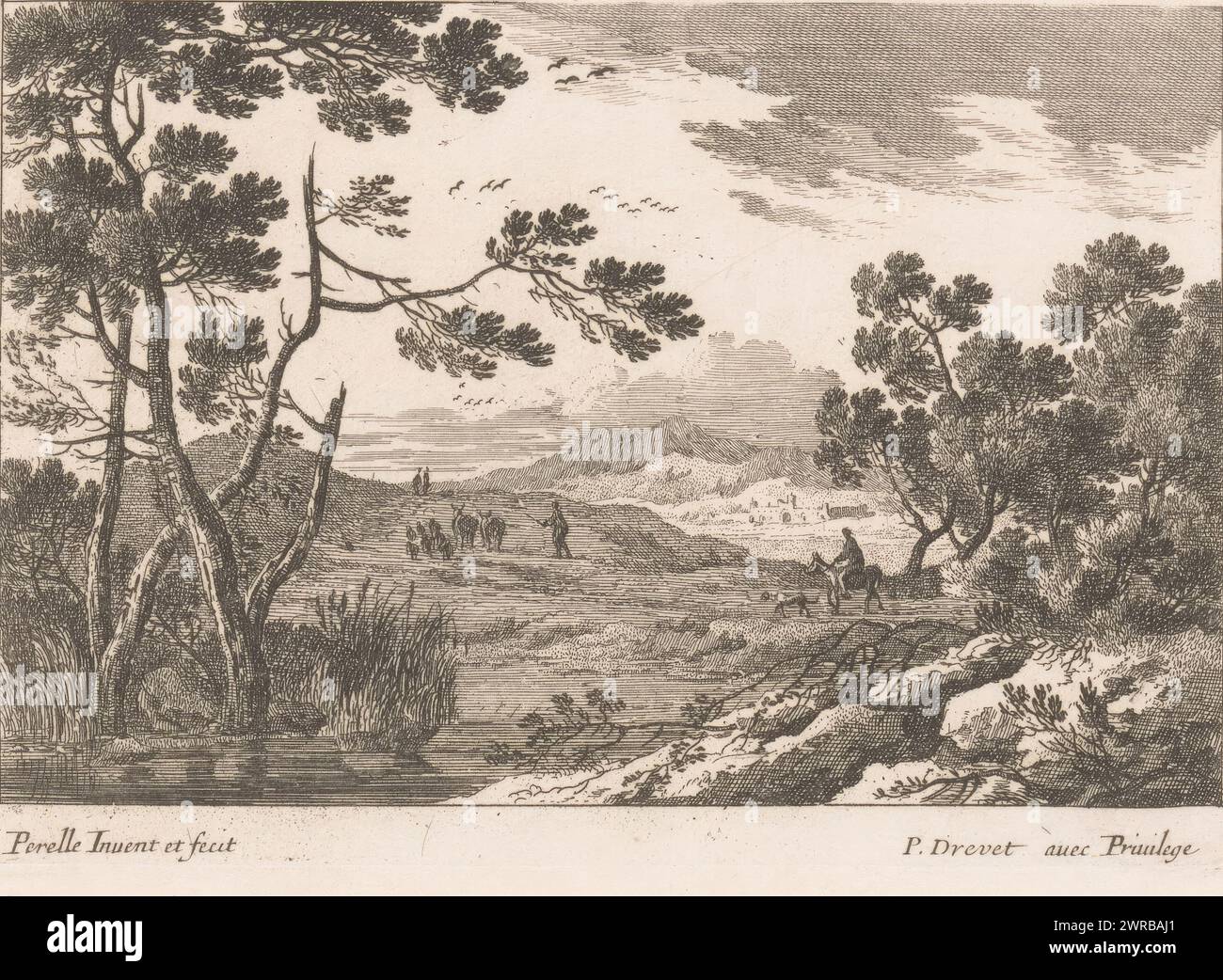 Paesaggio con un uomo che guida mandria, stampatore: Nicolas Perelle, stampatore: Adam Perelle, stampatore: Gabriel Perelle, editore: Parigi, Francia, 1673 - 1695, carta, incisione, altezza 106 mm x larghezza 151 mm, stampa Foto Stock