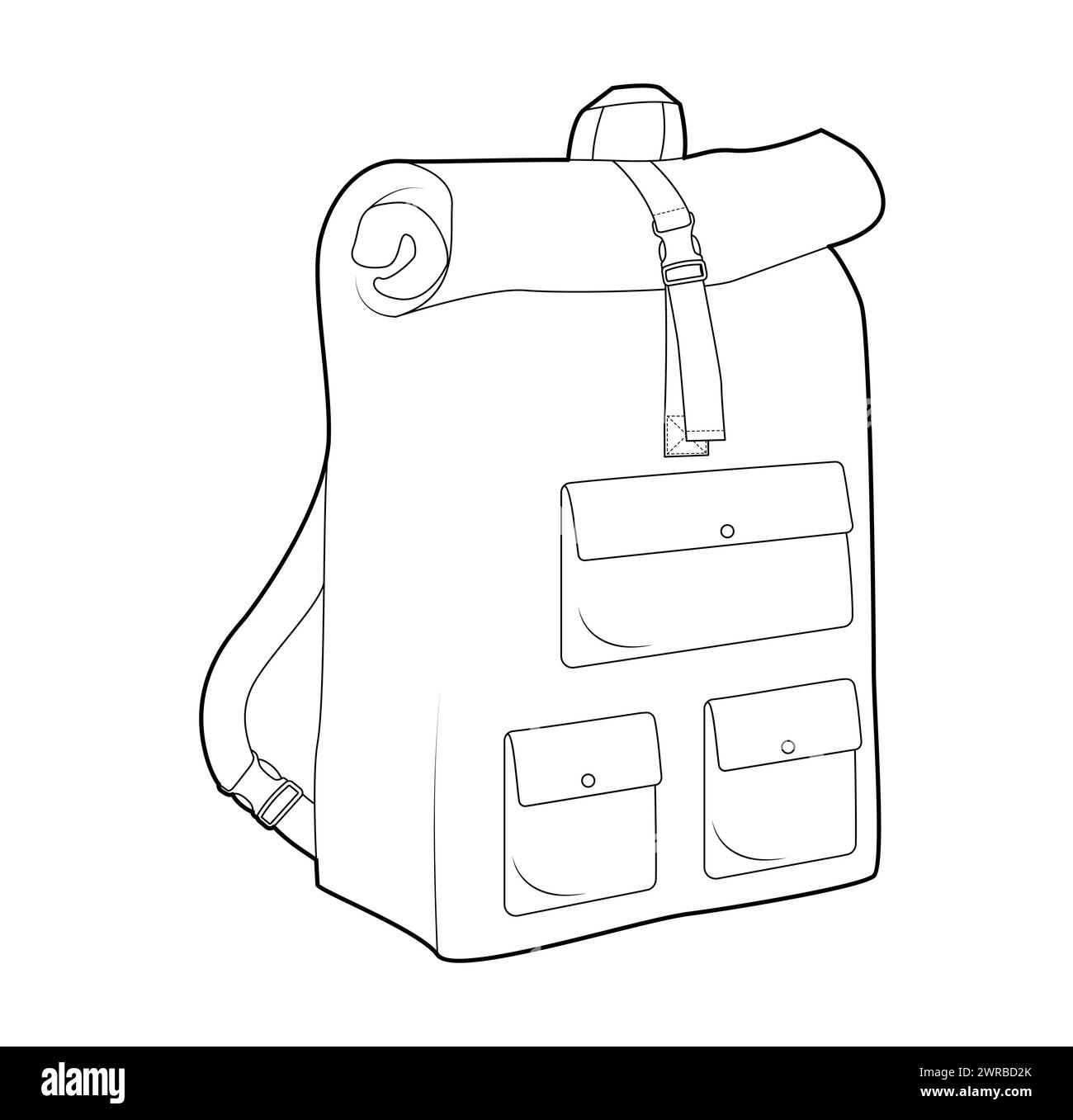 Borsa silhouette zaino da viaggio. Illustrazione tecnica degli accessori alla moda. Borsa scolastica vettoriale a 3-4° per uomo, donna, modello unisex, borsa piatta con disegno CAD isolato Illustrazione Vettoriale