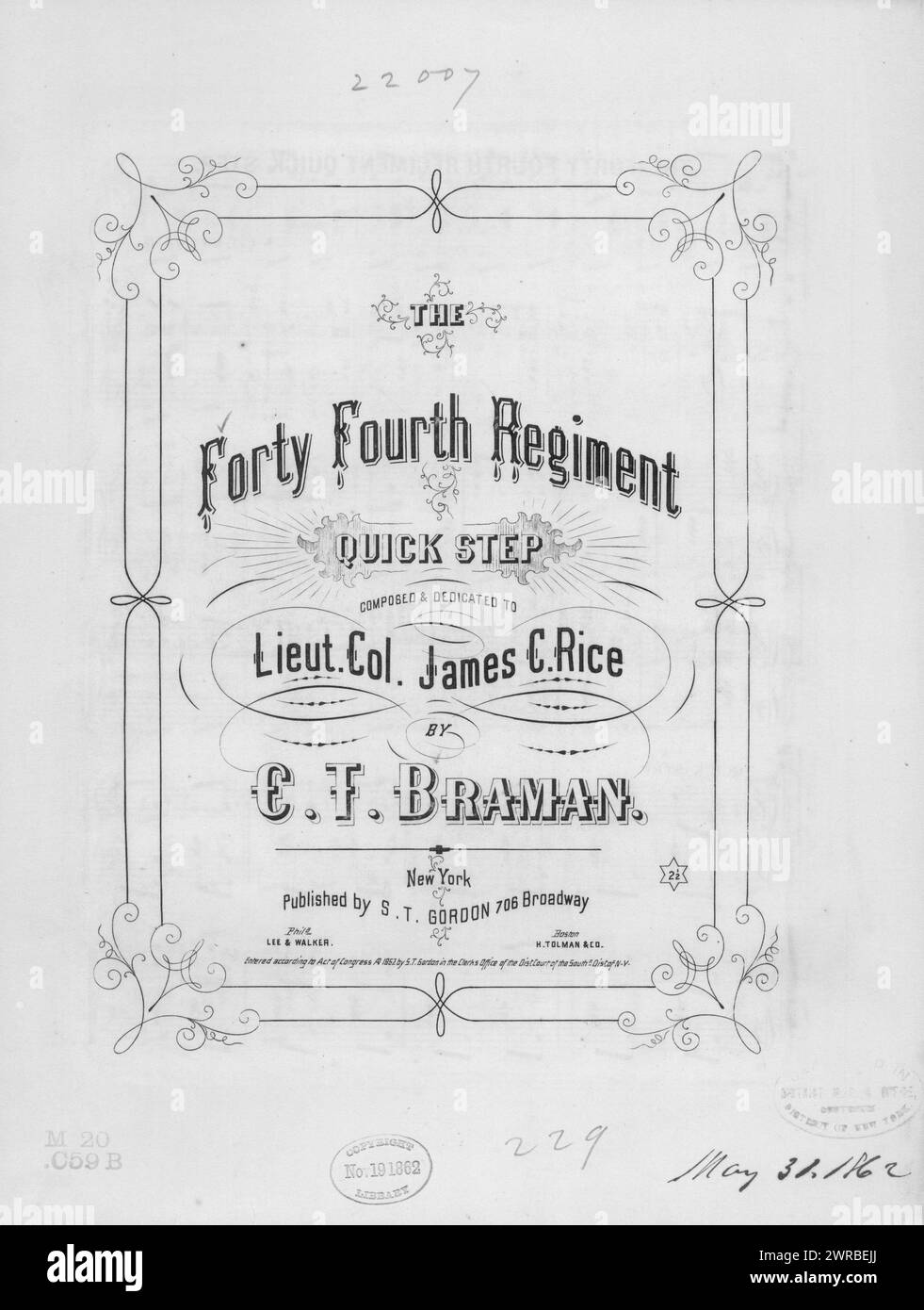 The Forty Fourth Regiment quick step, Braman, C. T. (compositore), S. T. Gordon, New York, 1862., Stati Uniti, storia, Guerra civile, 1861-1865, canzoni e musica Foto Stock