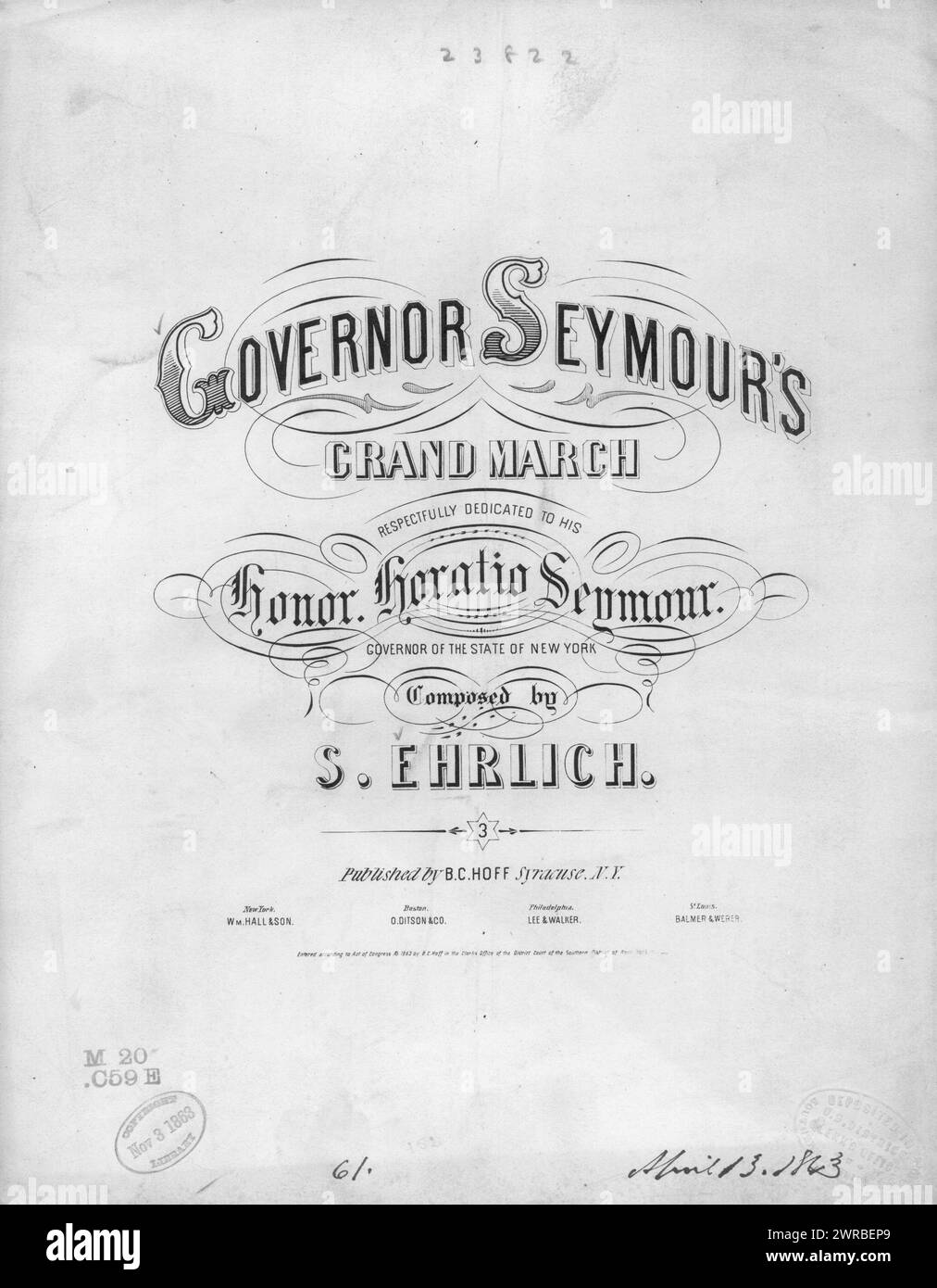 La grande vittoria del governatore Seymour march, Erlich, S. (compositore), B. C. Hoff, Siracusa, 1863., Stati Uniti, storia, Guerra civile, 1861-1865, canzoni e musica Foto Stock