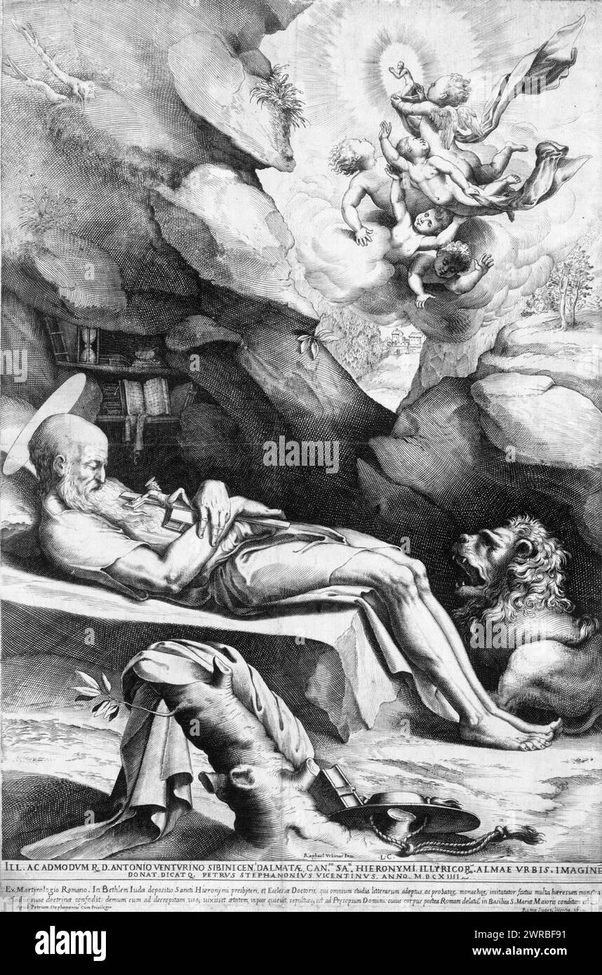 St Jerome Dying in Solitude, L.C., Ciamberlano, Luca, 1586-1641, artista, 1614, Girolamo, santo, d. 419 o 20, morte e sepoltura, incisioni, 1610-1620., incisioni, 1610-1620, 1 stampa: incisione Foto Stock