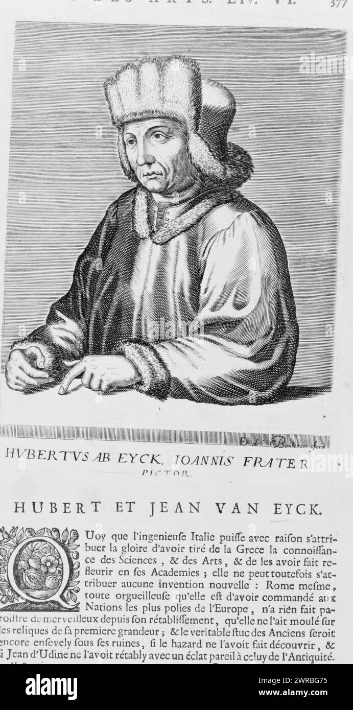 Hvbertvs Ab Eyck, Ioannis Frater, Pictor, E. de Boulonois fecit., Hubert van Eyck, half-length portrait, facing left., Boulonois, Edme de Active XVII secolo, incisore, tra il 1682 e il 1695, Eyck, Hubert van, 1366-1426, Book Illustrations, 1680-1700., Book Illustrations, 1680-1700, Portrait Prints, 1680-1700, 1 stampa: incisione Foto Stock