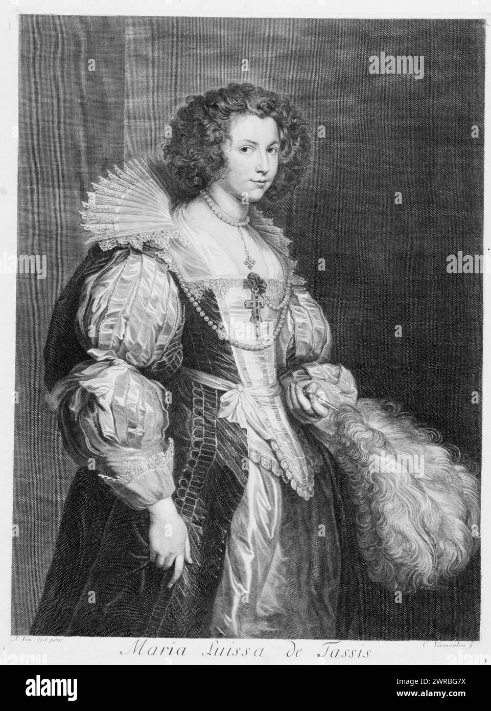 Maria Luissa cioè Luisa de Tassis, A. Van Dÿke pinx, C. Vermeulen sc., Print mostra un ritratto di tre quarti di lunghezza di Maria Luisa de Tassis (1611-1638), basato sul ritratto di Anthony van Dyck del 1629 dello stesso soggetto., Vermeulen, Cornelis, circa 1644-circa 1708, incisore, tra il 1670 e il 1708, Engravings, 1670-1710., Engravings, 1670-1710, stampe ritratto, 1670-1710, 1 stampa: incisione Foto Stock