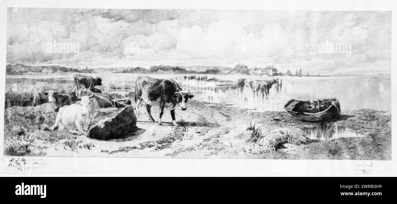 Paesaggio con bestiame, Stampa mostra il bestiame che pascolano vicino a un fiume., Moran, Peter, 1841-1914, artista, tra il 1885 e il 1895, mucche, 1880-1900, incisioni, 1880-1900. Remarques, 1880-1900, incisioni, 1880-1900, 1 stampa: incisione, 34,5 x 81 cm Foto Stock