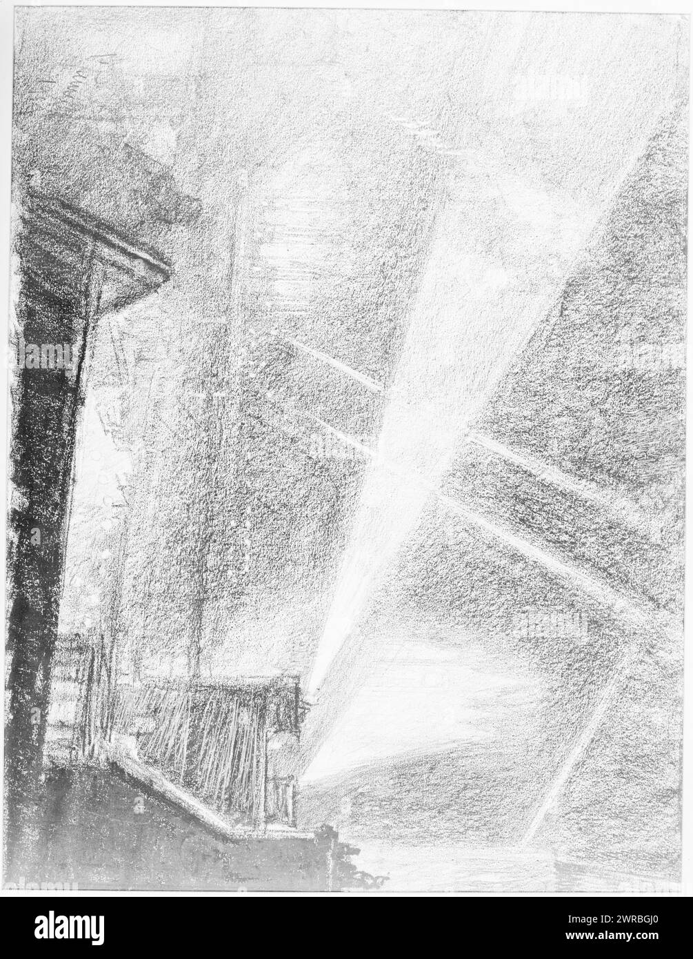 Proiettori sopra Charing Cross, Londra, Inghilterra, Londra. Vista notturna sui tetti con proiettori che brillano in tutte le direzioni, dando alla torre della chiesa un bagliore spettrale., Pennell, Joseph, 1857-1926, artista, 1914, Searchlights, Inghilterra, Londra, 1910-1920, disegni, 1910-1920., disegni, 1910-1920, 1 disegno su carta crema: pastello litografico Foto Stock