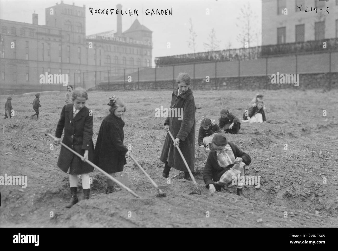 Giardino Rockefeller, la fotografia mostra i bambini che curano il terreno in un Rockefeller Garden nella sua nuova posizione in 65th Street e Avenue A nel maggio 1917. La National Plant, Flower and Fruit Guild curava il giardino donato dalla Rockefeller Foundation. Grande edificio con il cartello 'Central Brewing Co.' sullo sfondo., 1917 maggio, Glass negative, 1 negativo: Glass Foto Stock