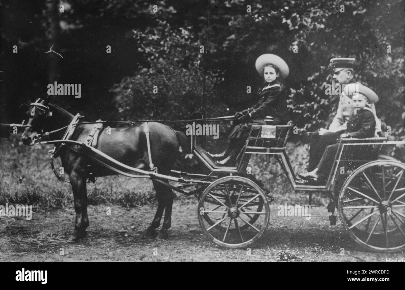 Max di Baden, la fotografia mostra il principe Massimiliano di Baden (1867-1929) (Max von Baden) che era un principe e politico tedesco e cancelliere dell'Impero tedesco nell'ottobre e novembre 1918. È in un carro di pony con i suoi figli la principessa Maria Alessandra di Baden (1902-1944) e Berthold, margravio di Baden (1906-1963). 1915 e ca. 1920, Glass negative, 1 negativo: Glass Foto Stock